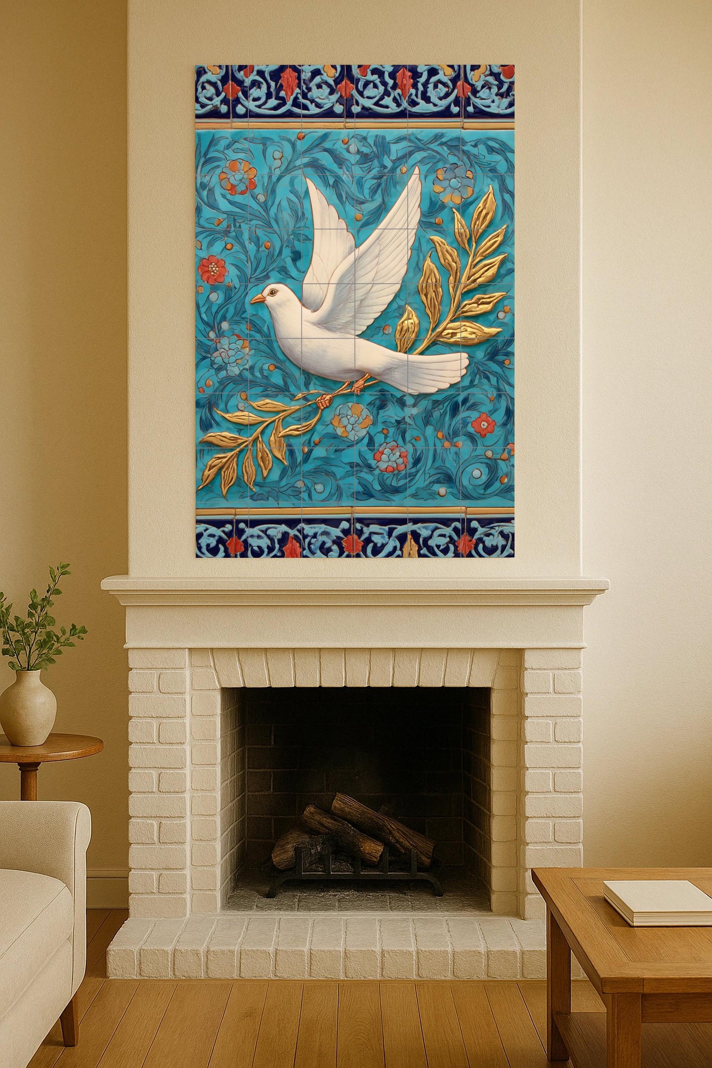 White Dove of Peace with Golden Olive Branch – Symbolic ceramic mural in turquoise and blue floral relief, Mediterranean artisan design