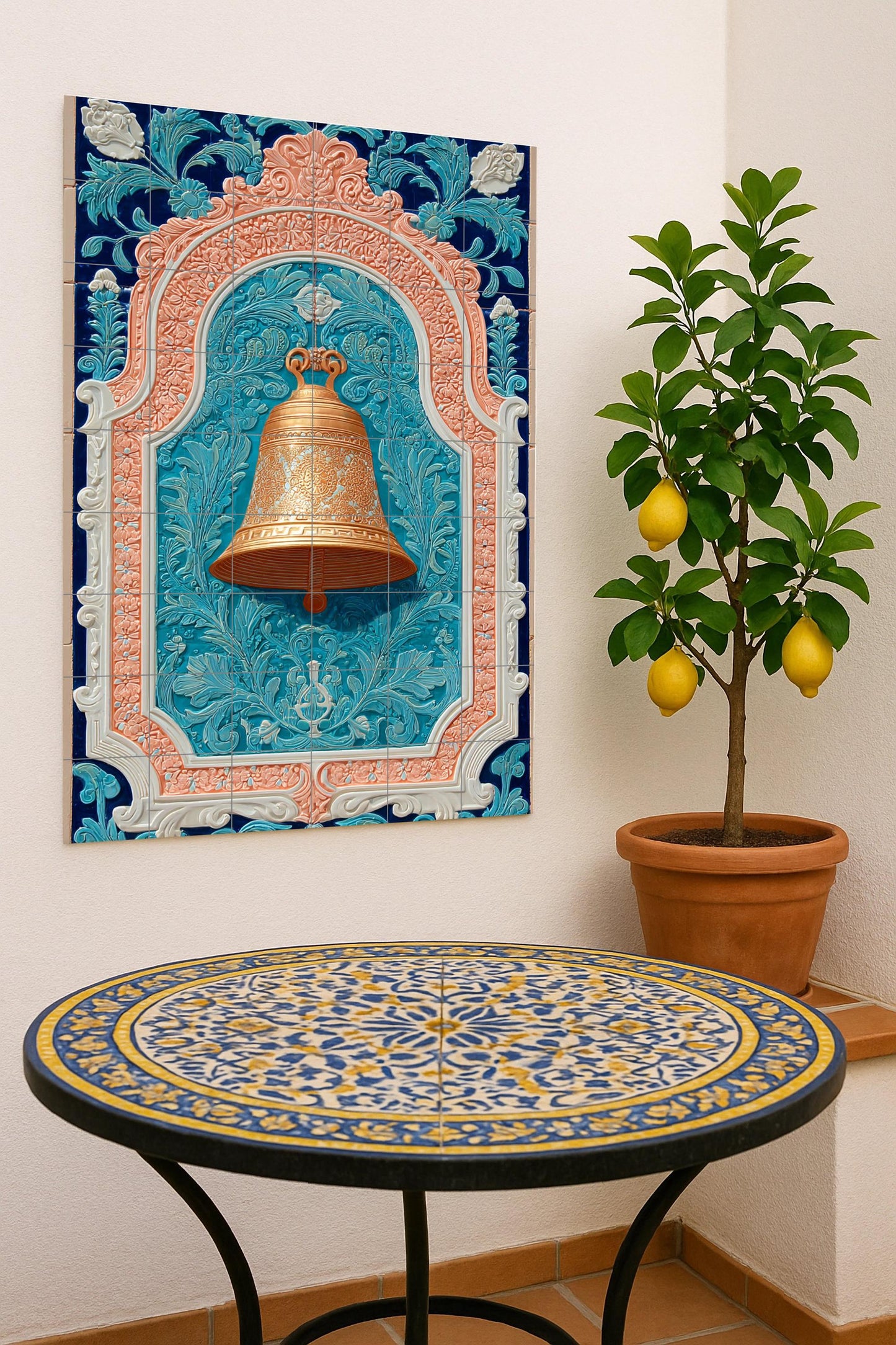 Golden Bell in Ornamental Arch: Exquisite Decorative Ceramic Mural with Floral Motifs and Classic Elegance