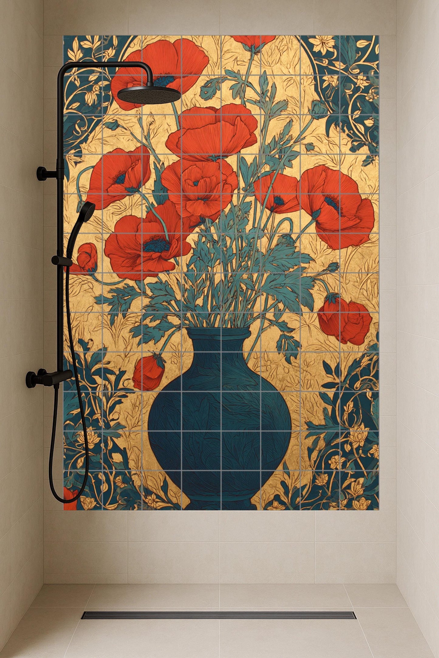 Poppies in Gold – Art Nouveau ceramic mural with scarlet flowers and deep blue vase, European decorative artwork with elegant golden tiles.