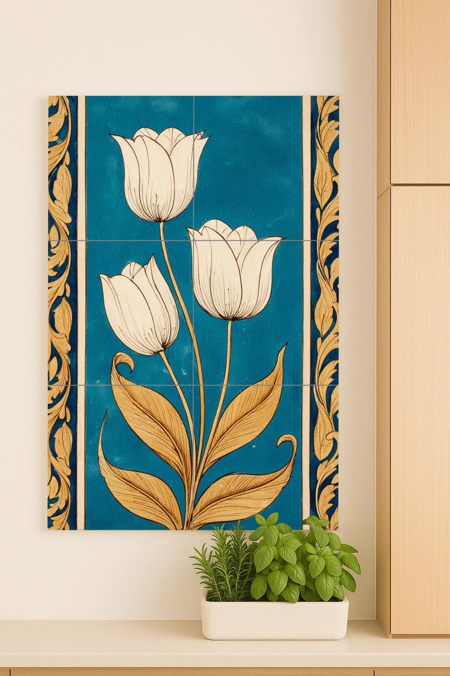 Harmony of Golden Tulips: Ceramic mural with Aegean blue glaze, stylized floral artwork on tiles with elegant classical ornamentation.