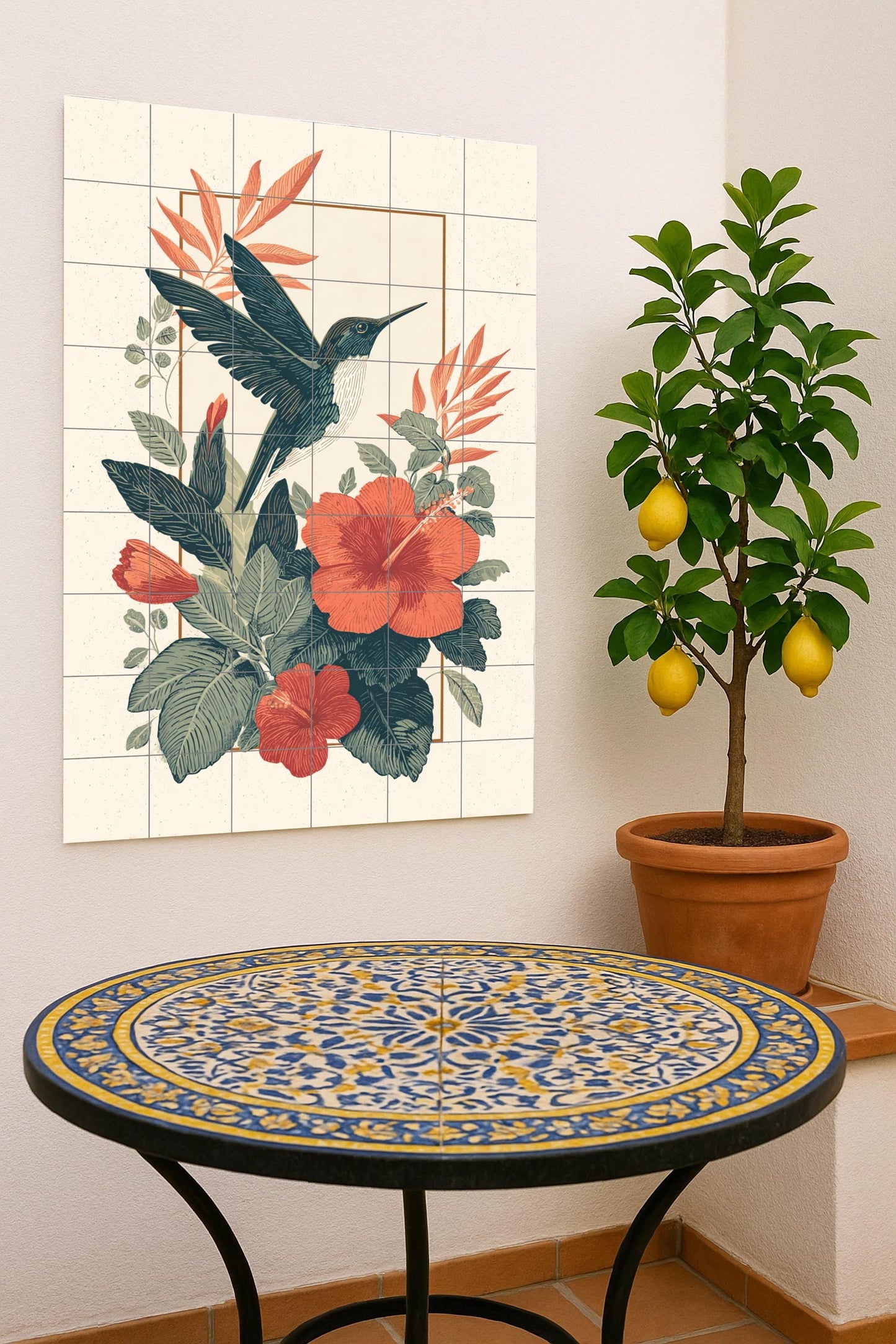Hummingbird's Daydream: Botanical ceramic mural with scarlet hibiscus and tropical foliage, handcrafted tile composition with great detail.