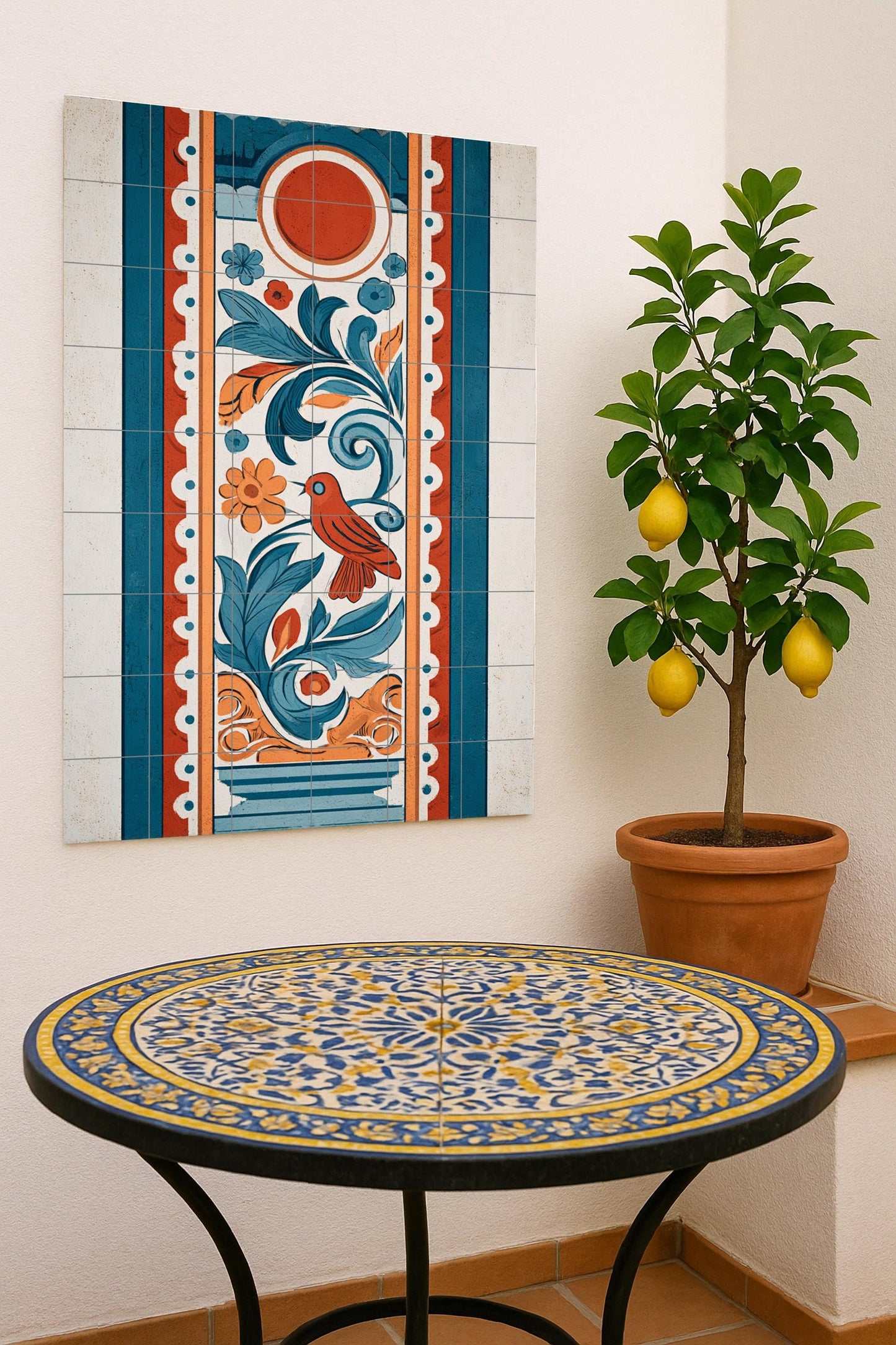 Ceramic mural from Cordoba: Tile art with red and blue birds, popular Mediterranean design, handcrafted mural design, timeless decorative composition.