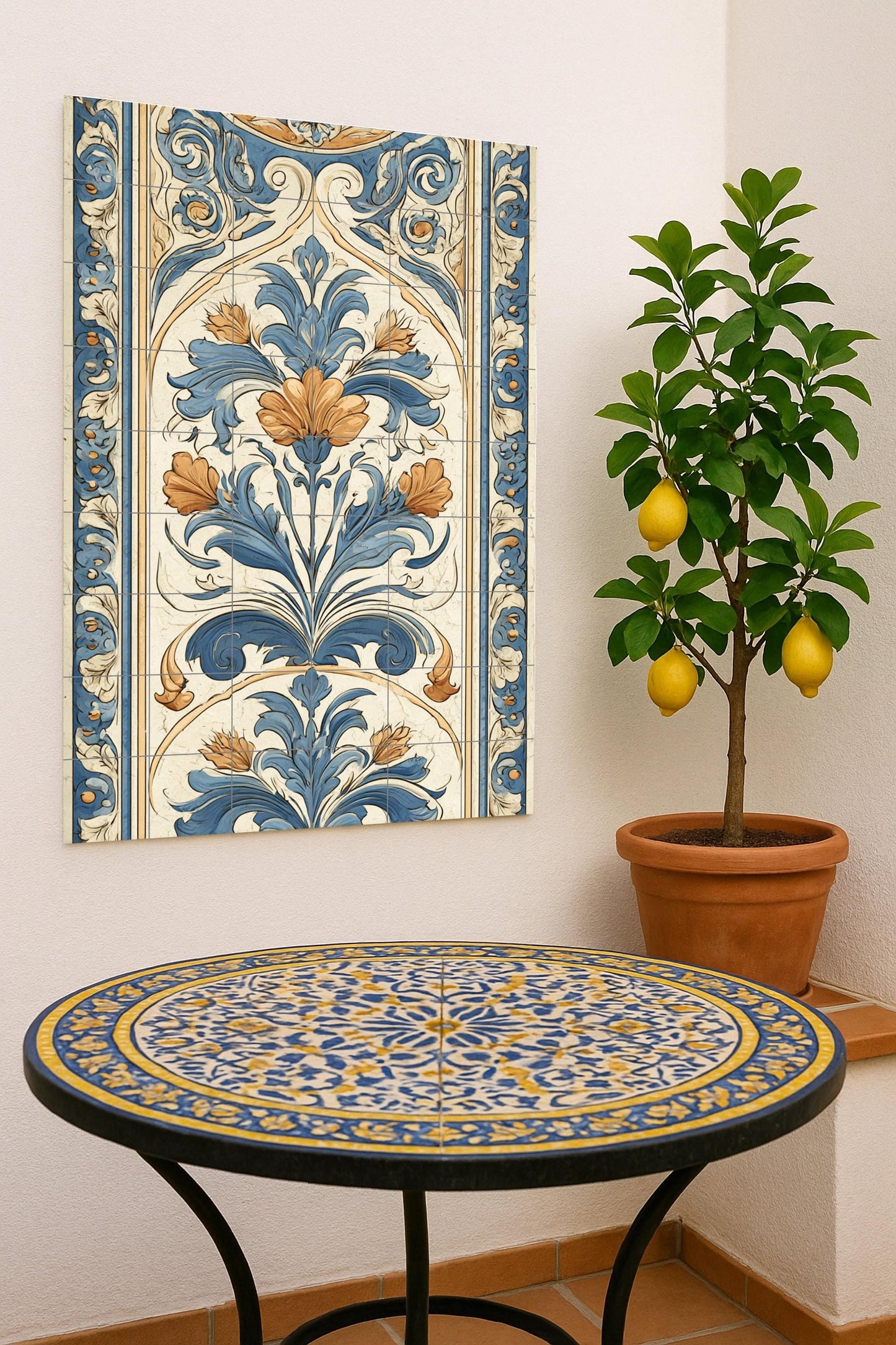 Moscow ceramic mural: Imperial floral ornament, blue and gold baroque design, classical art, decorative wall piece.