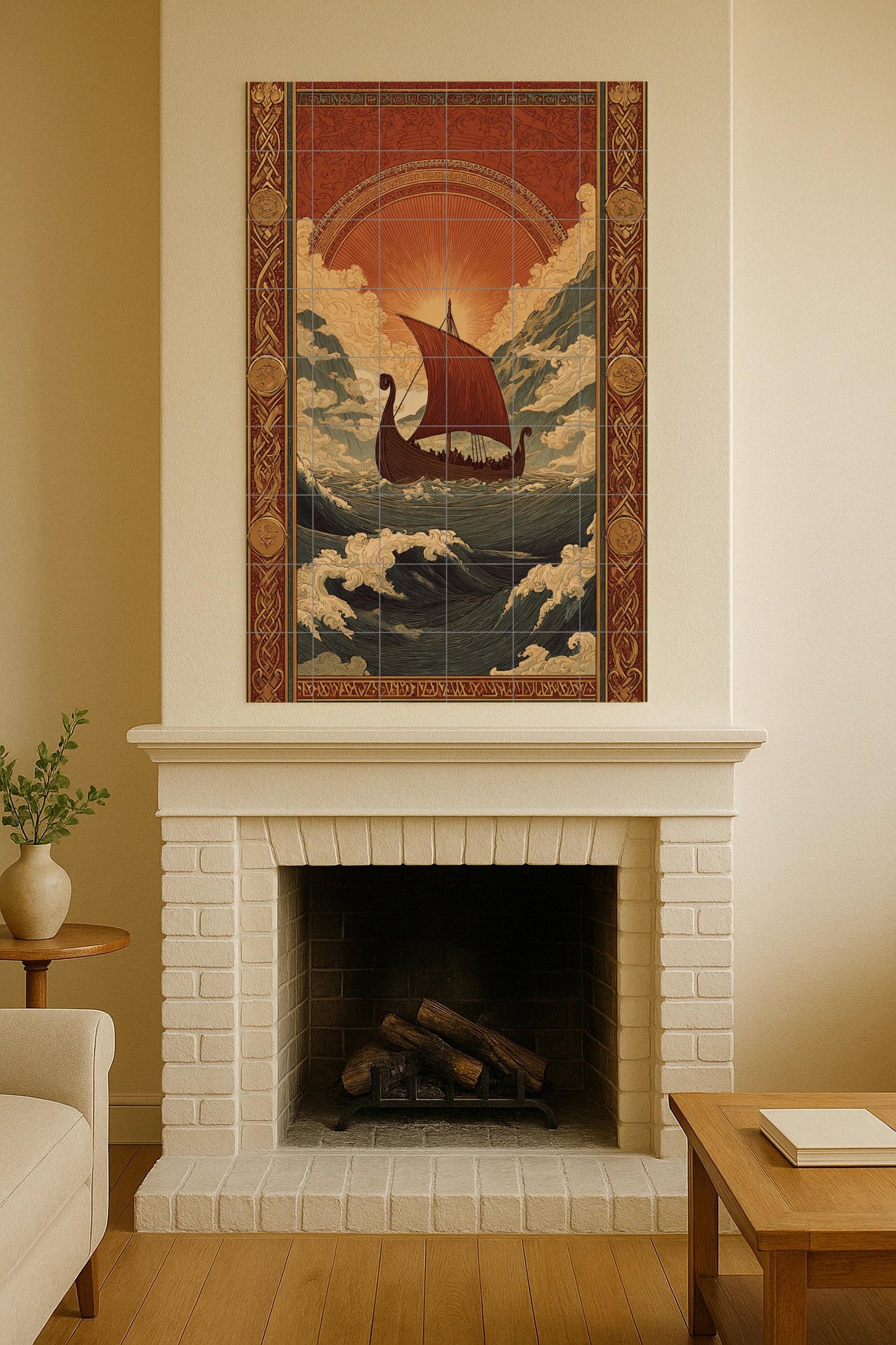 Viking travel ceramic mural: Norse mythology art, ocean adventure scene, golden horizon design, antique Nordic decorative piece