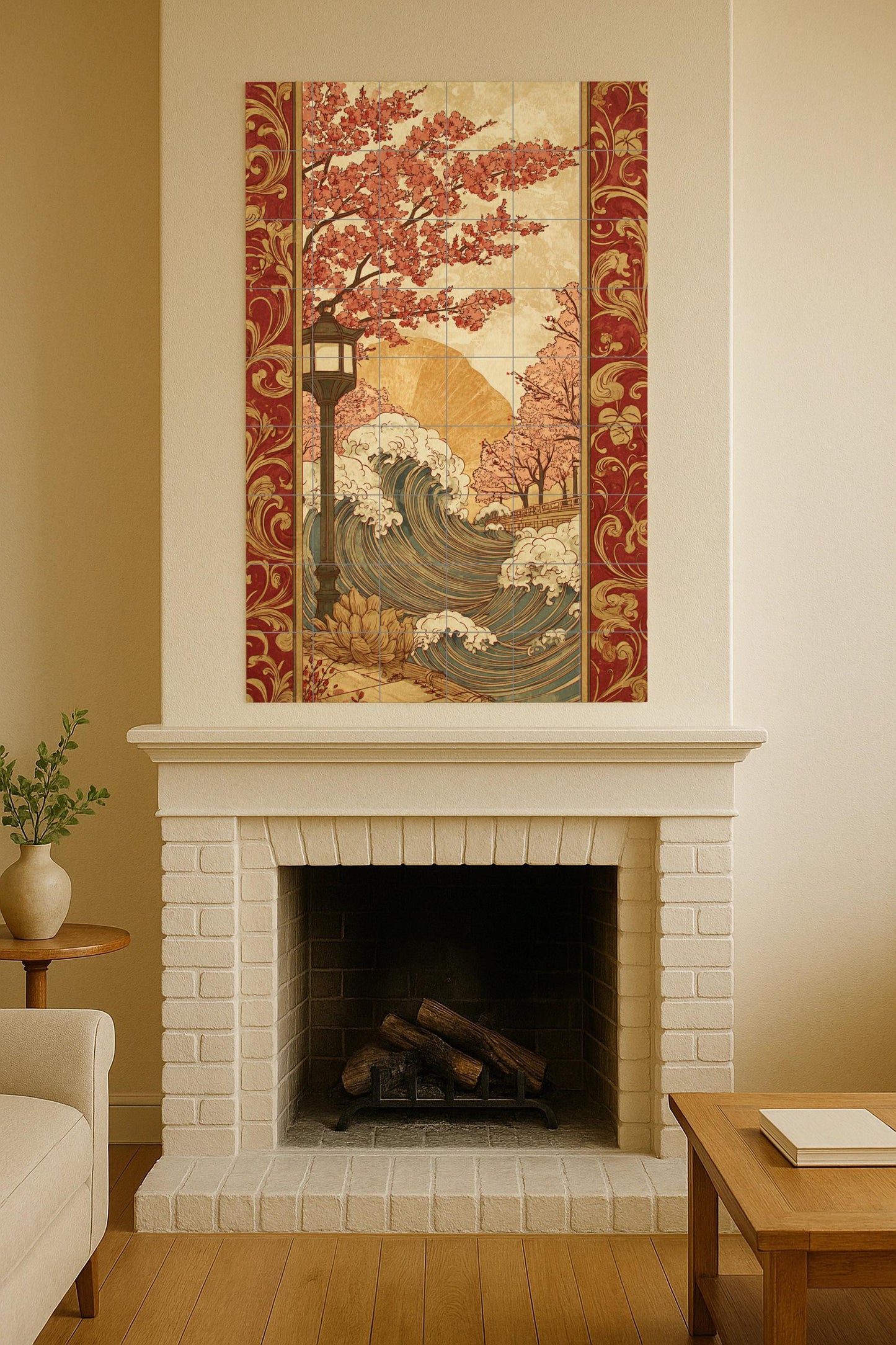 Ceramic mural of golden waves and flowers: vintage decorative art, oriental landscape, Art Nouveau floral design, flowing water