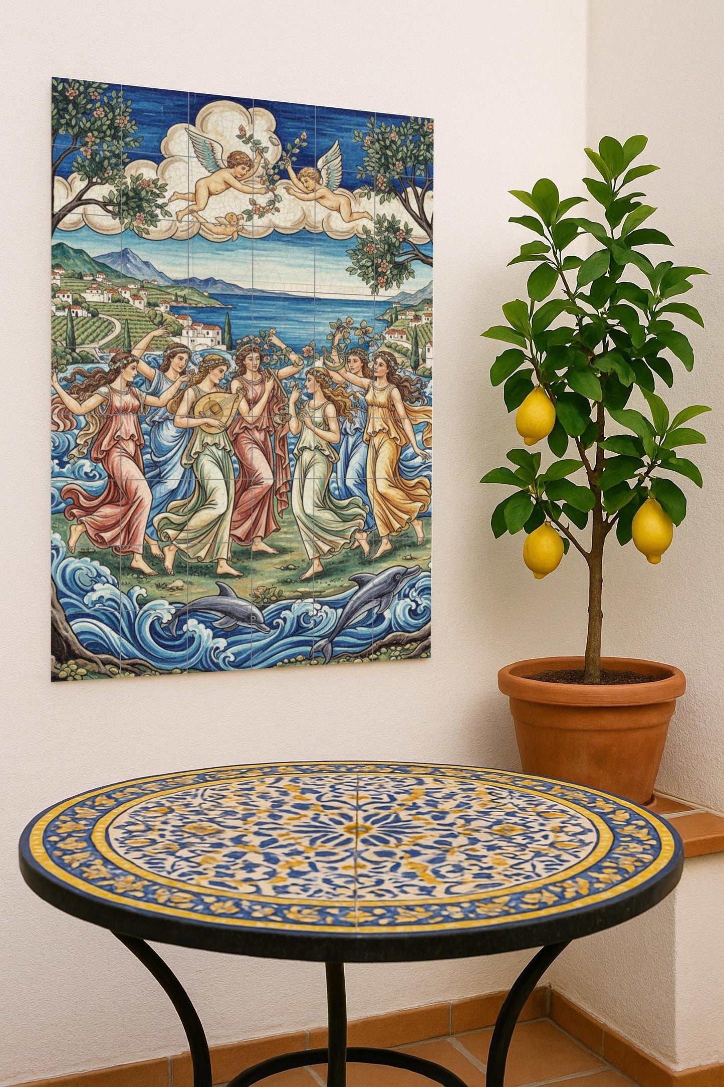 Dance of the Muses – Mythological ceramic mural with goddesses, cherubs and dolphins / Mediterranean artistic mural art