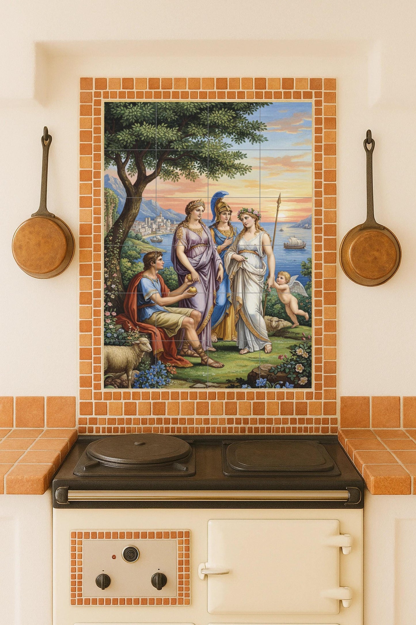 The Judgment of Paris – Classical Greek Ceramic Mural / Mythological Tile Wall Art / Handmade Mediterranean Wall Decor