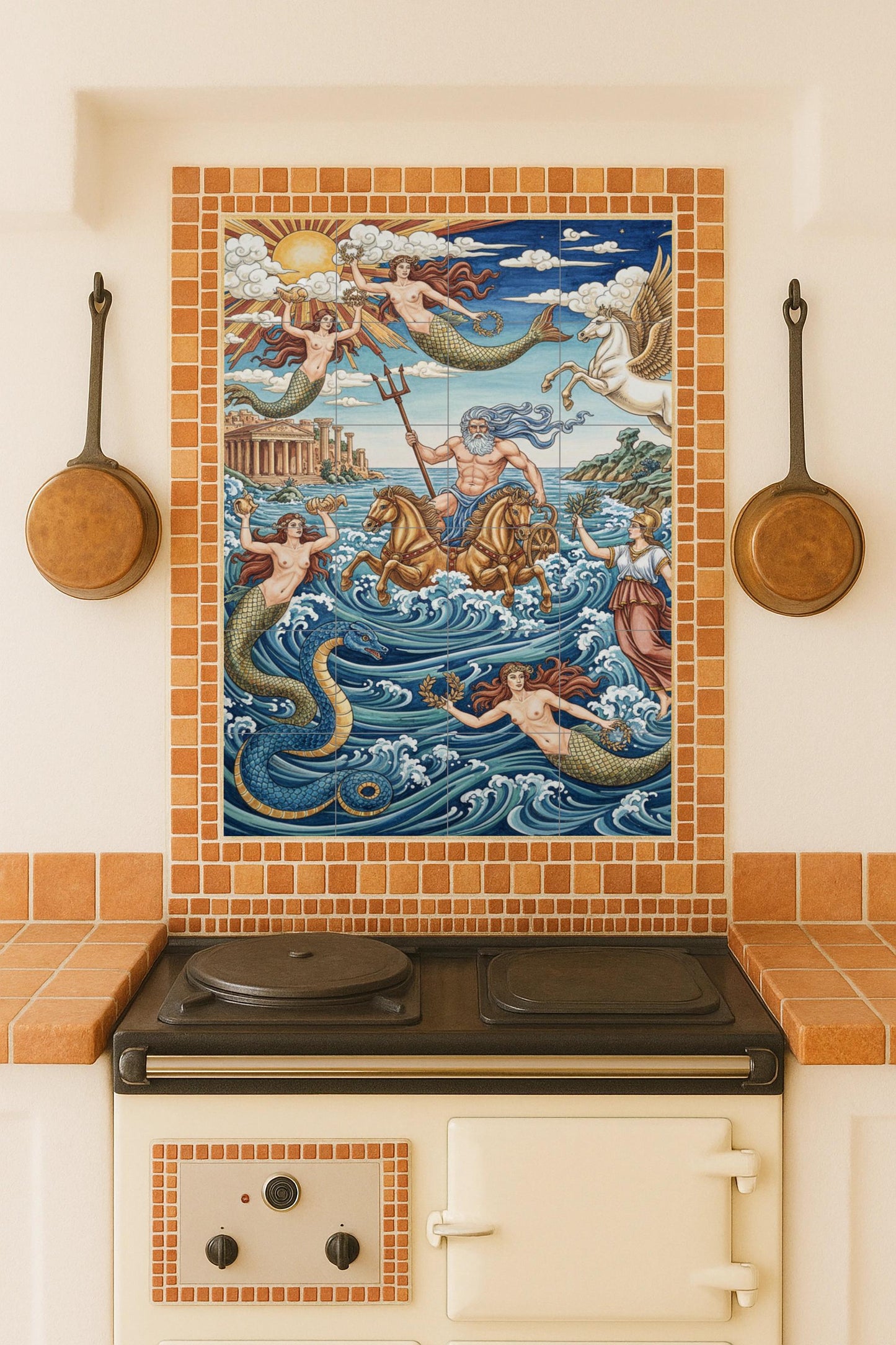 Poseidon and the Sea Nymphs – Ceramic Mural of Greek Mythology with Pegasus and the Temple of the Sun
