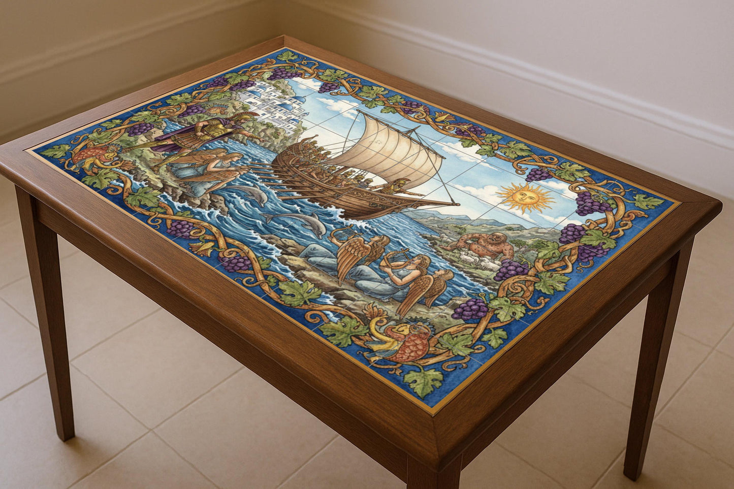 Odysseus and the Sirens: Greek mythological ceramic mural with ship, cyclops, Aegean coast and heroic adventure scene.