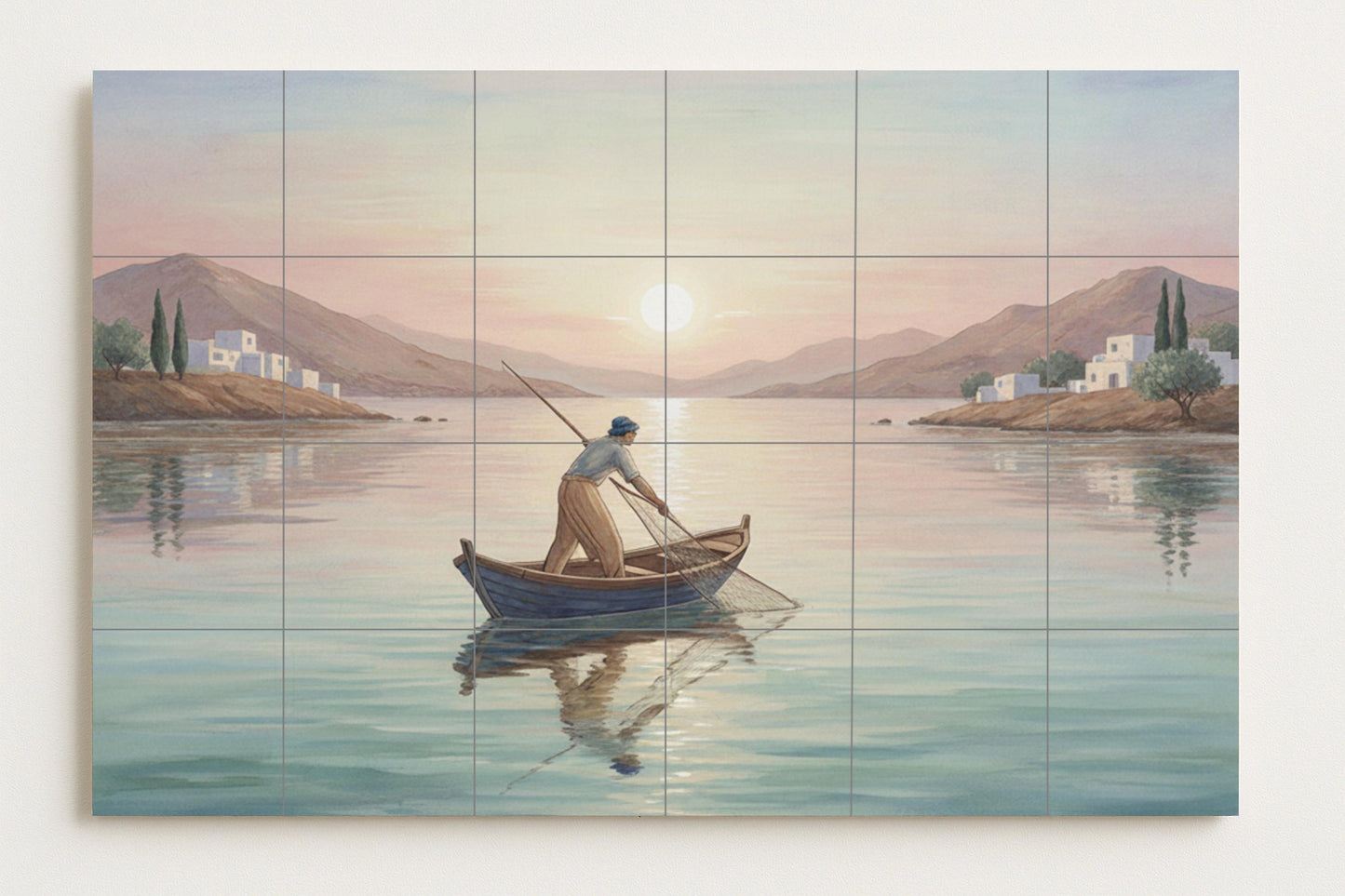 Fisherman at dawn: Mediterranean ceramic mural with serene sea, reflections of dawn, a Greek village and a tranquil coastal landscape.