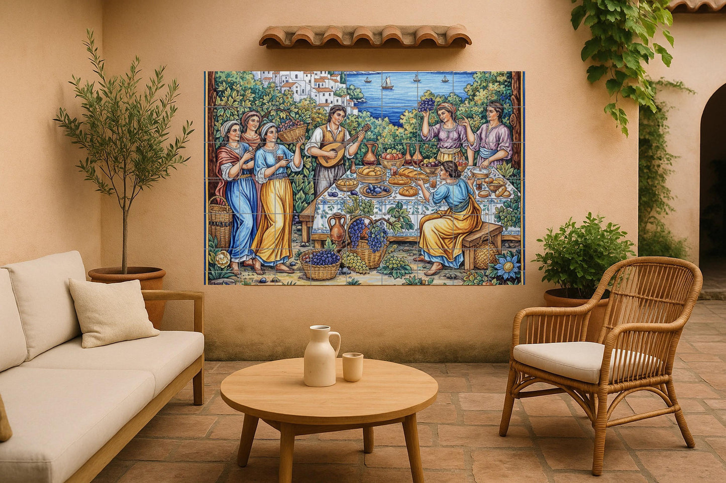 Mediterranean Festival – Ceramic Mural with Vineyard Gathering, Folk Musicians, Coastal Village and Table of Grapes and Bread