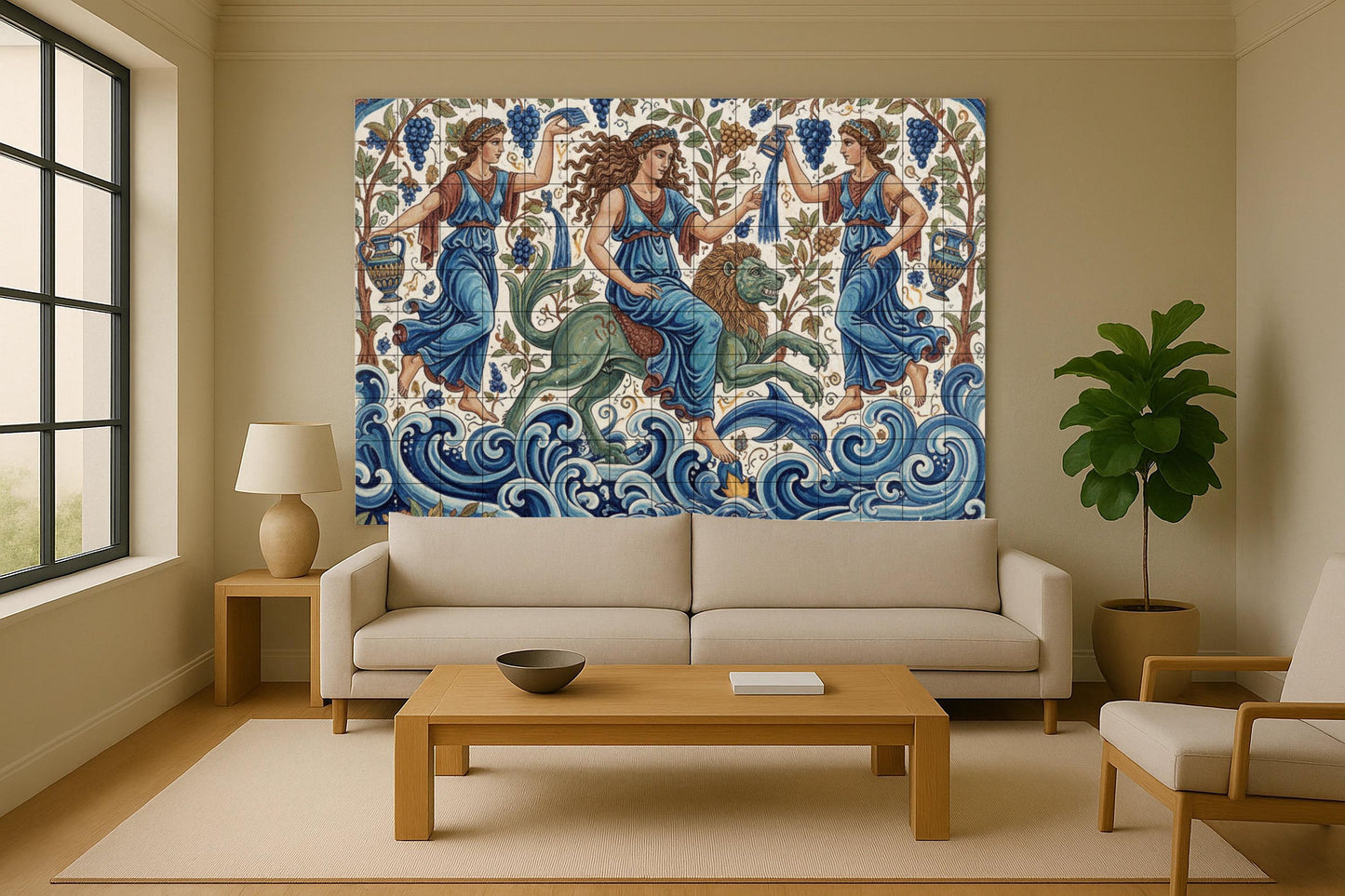 The Maenads of the Sea – Classic mythological ceramic mural with ocean waves, vines, dolphins and the lion of Dionysus