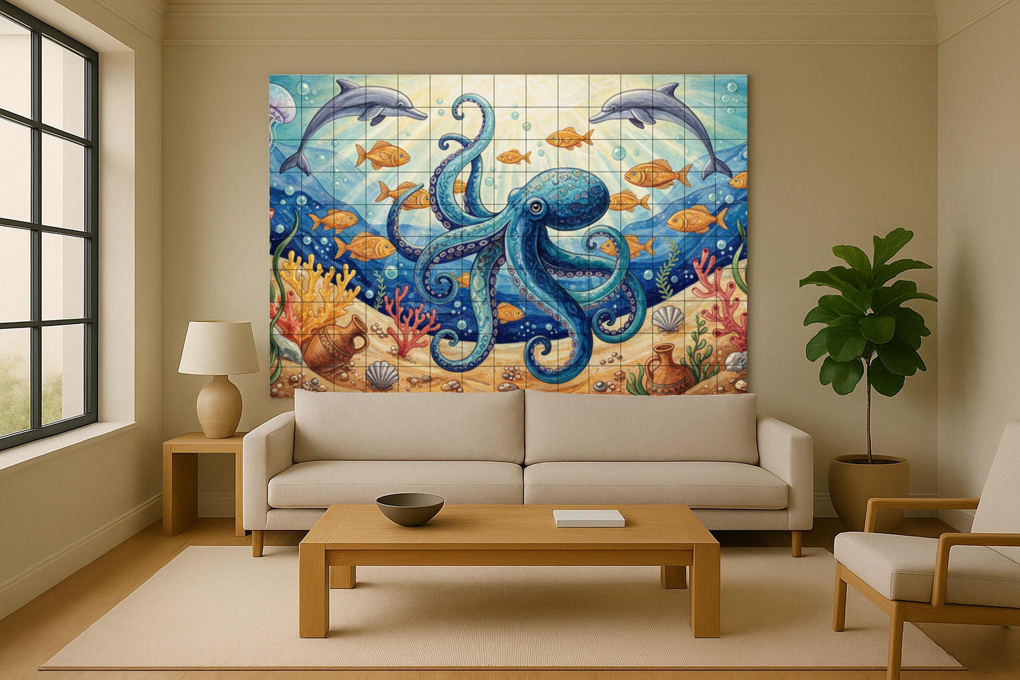 Octopuses and dolphins: Underwater ceramic mural with coral reef, goldfish, amphorae and marine life illuminated by the sun.