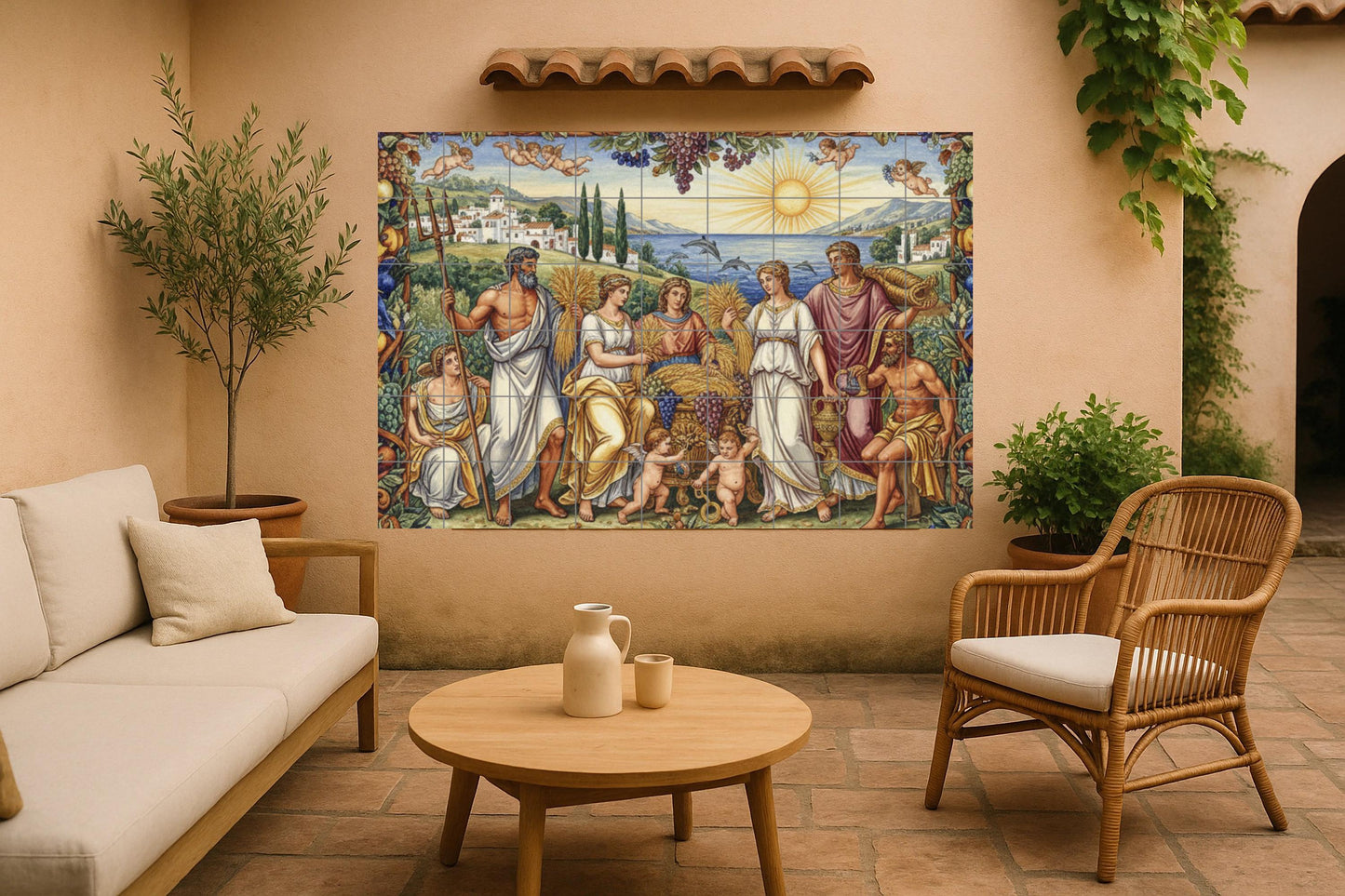 Harvest of the Gods: Classic mythological ceramic mural with Demeter, Poseidon, Dionysus, cherubim and Mediterranean abundance.