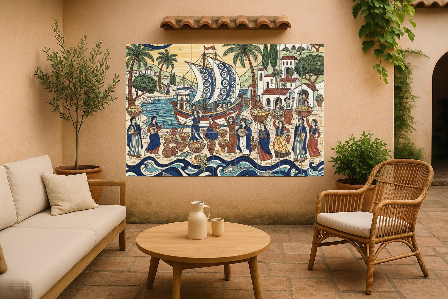 Mediterranean Harvest Festival: Ceramic mural depicting a Greek village, the arrival of a sailboat, a fruit market, musicians, and a coastal celebration.