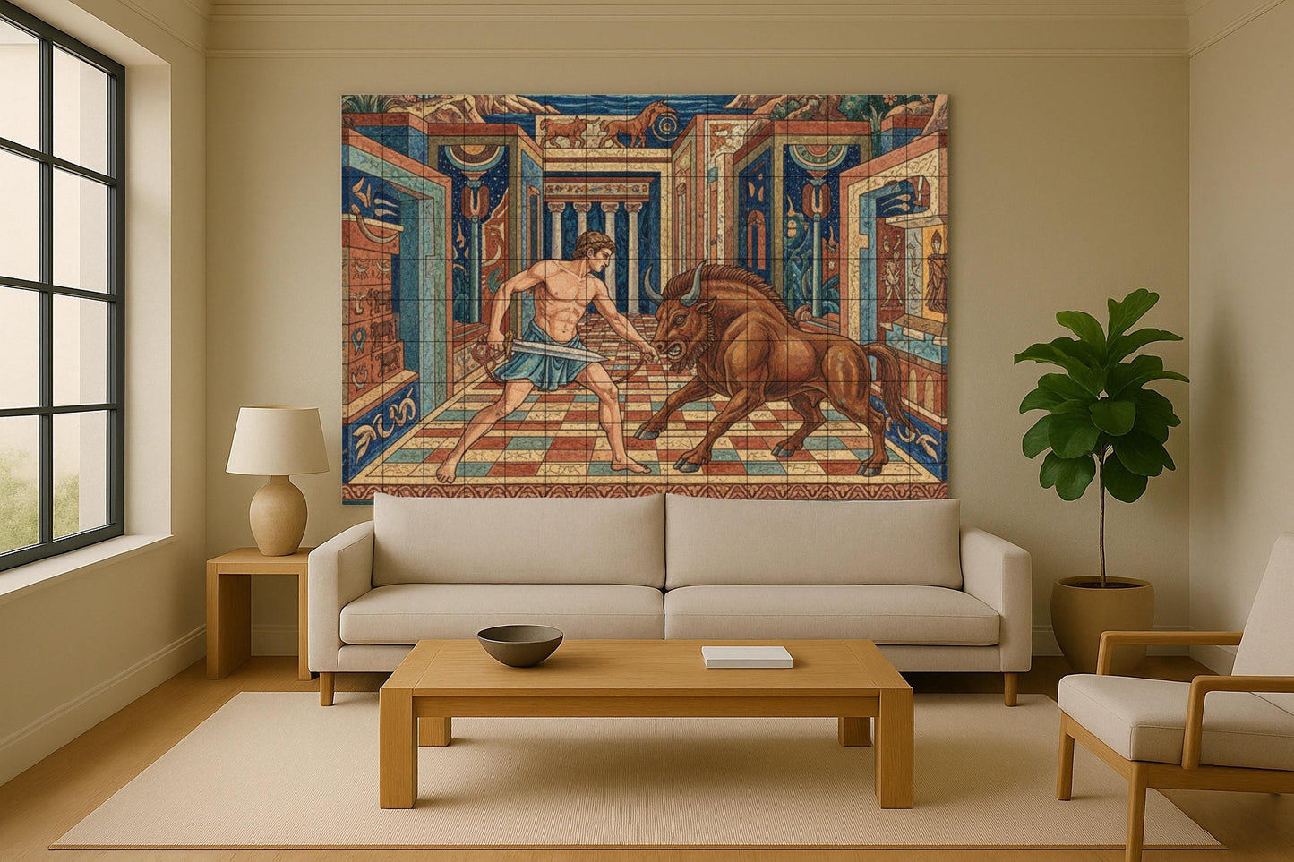 Theseus and the Minotaur: Ceramic mural of a Greek labyrinth with mythical hero, bronze palace, Cretan motifs and Minoan decorations.