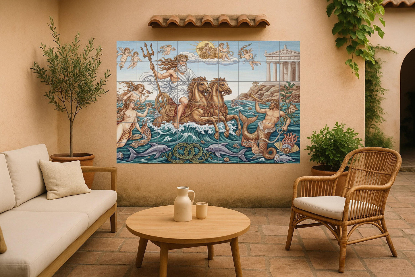 The Triumph of Poseidon: Ceramic mural of classical mythology with sea gods, dolphins, cherubim and a golden chariot scene.