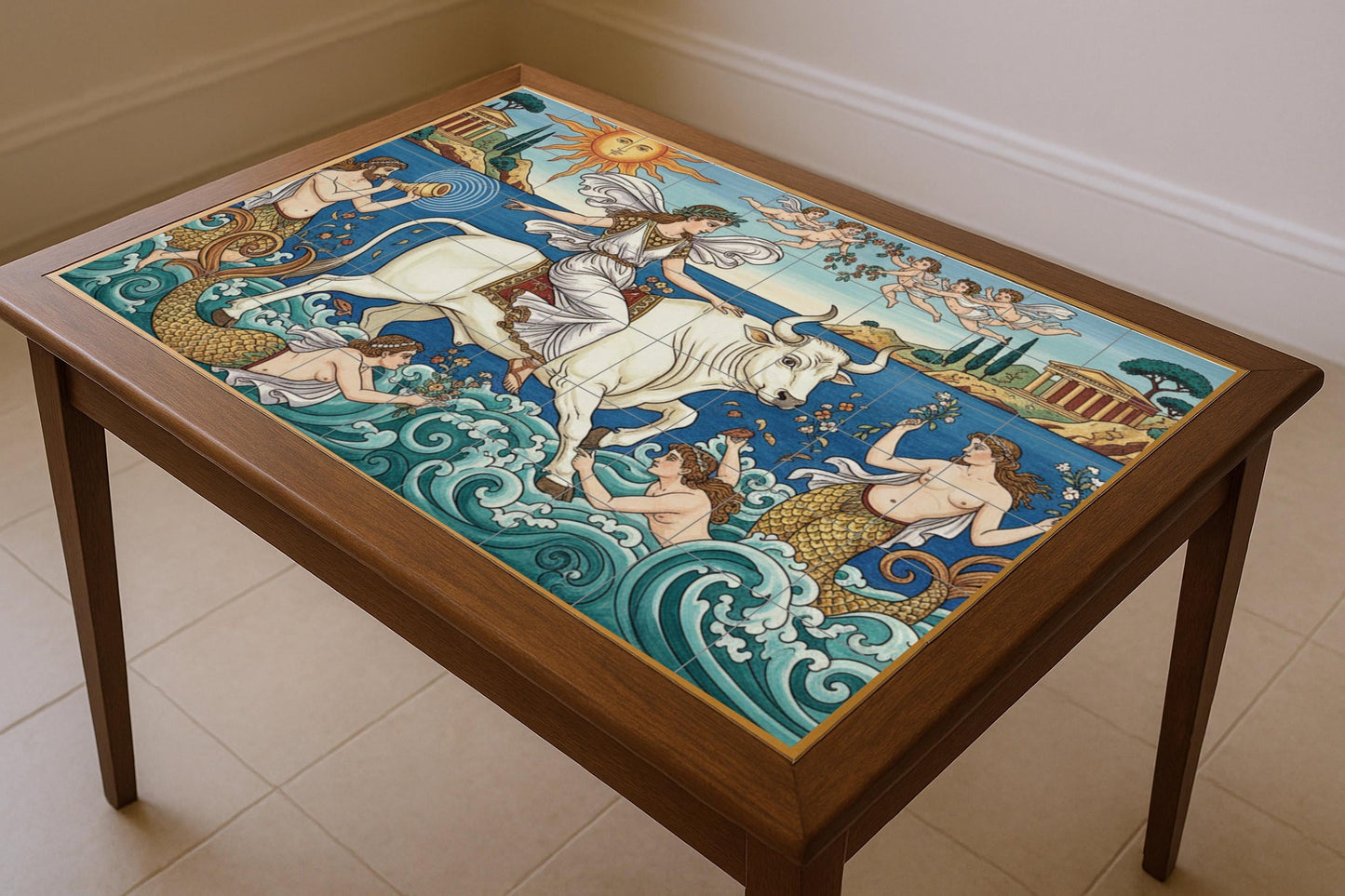 The Rape of Europa – Mediterranean mythological ceramic mural with classical temples, sea nymphs, cherubim and the Sacred Bull of Crete