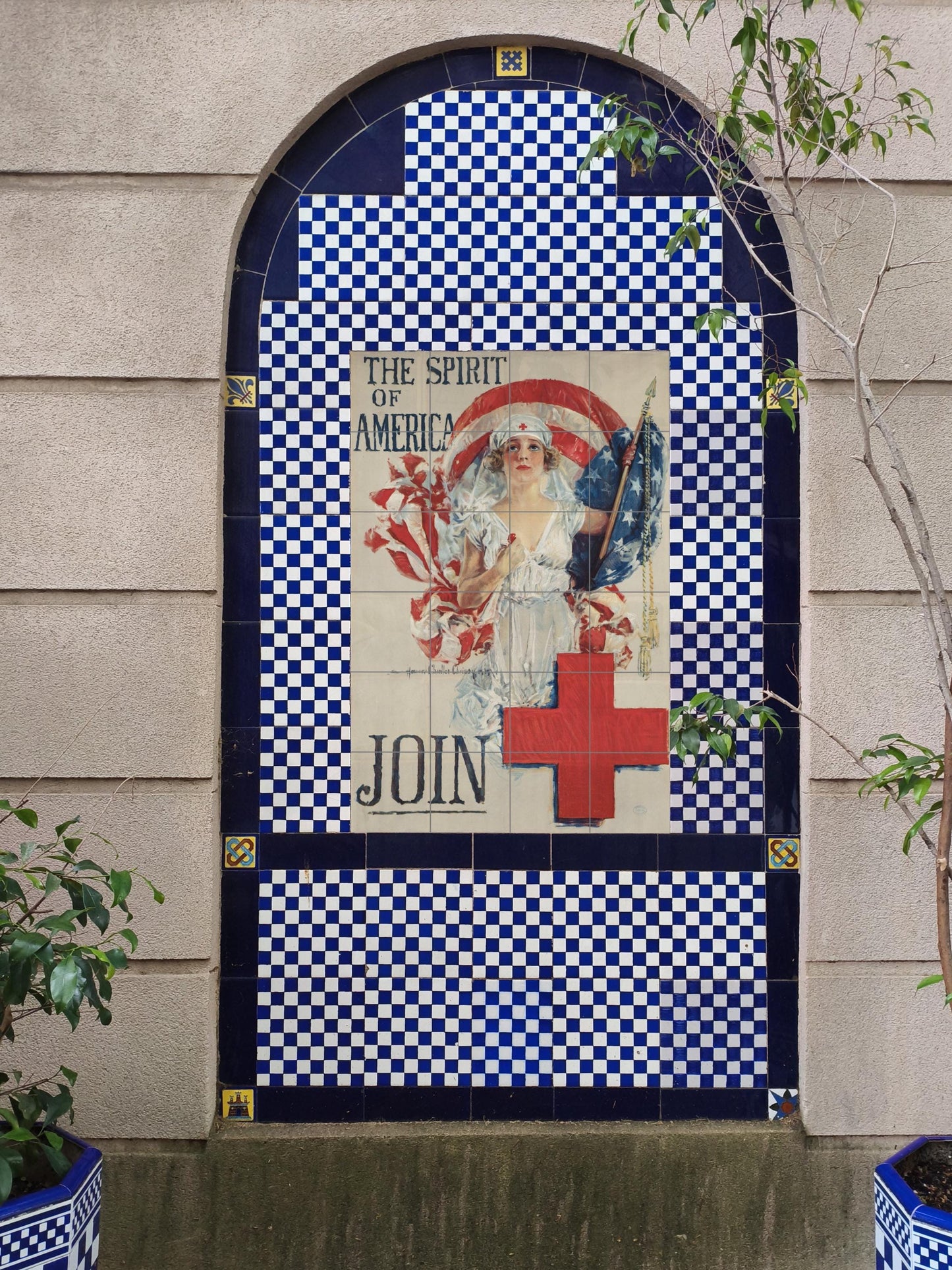 Spirit of America: Vintage Patriotic Ceramic Mural / Red Cross Poster for Retro Interiors and Collectors