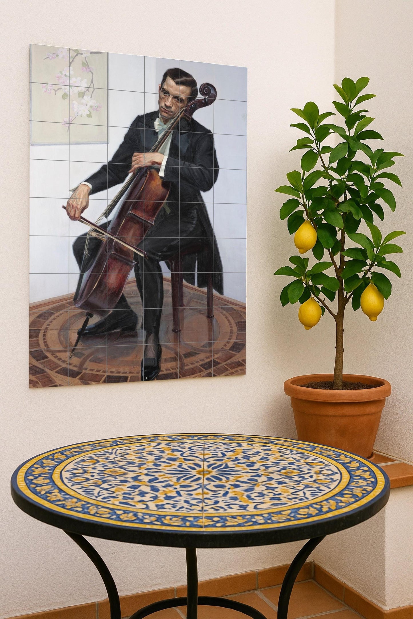 The Cellist - Elegant Ceramic Mural of a Musician / Refined Wall Art for Music Lovers and Classic Interiors