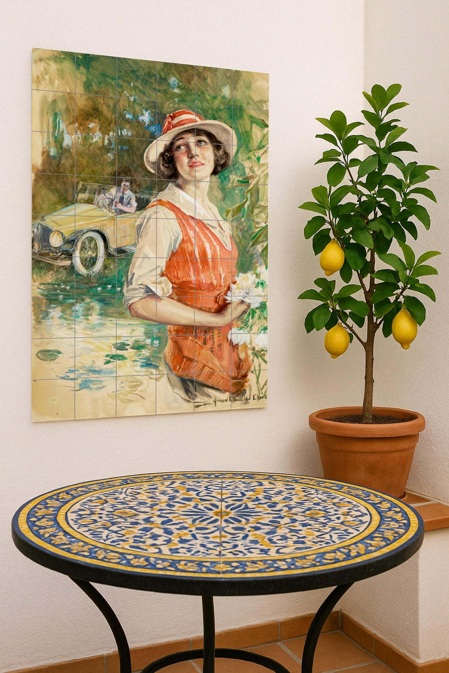 Romantic summer scene: Vintage ceramic mural of a lady and a car / Timeless retro wall art with elegance and color