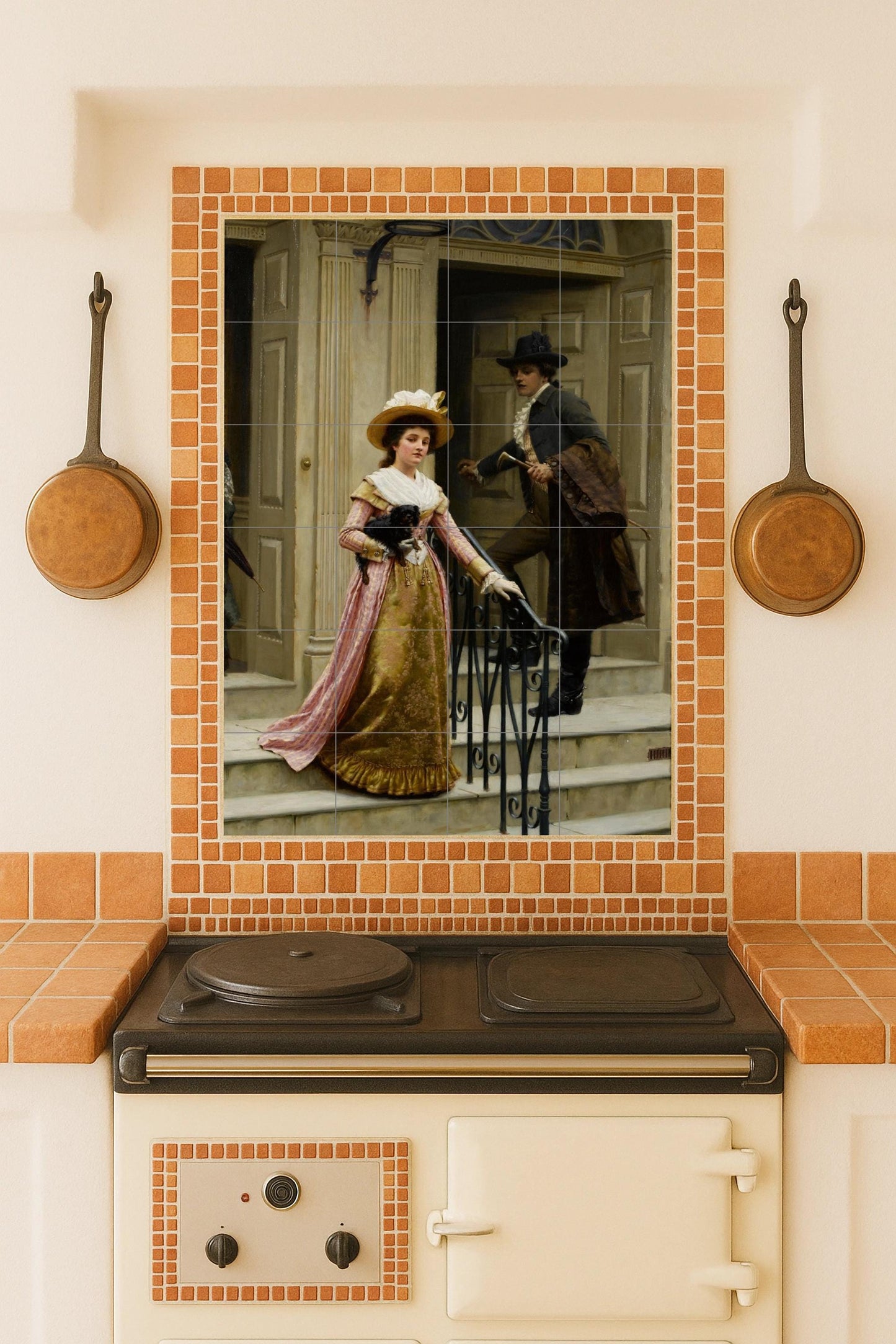 Romantic Victorian scene: elegant ceramic mural of a lady and gentleman / Classic English-style wall art with timeless charm