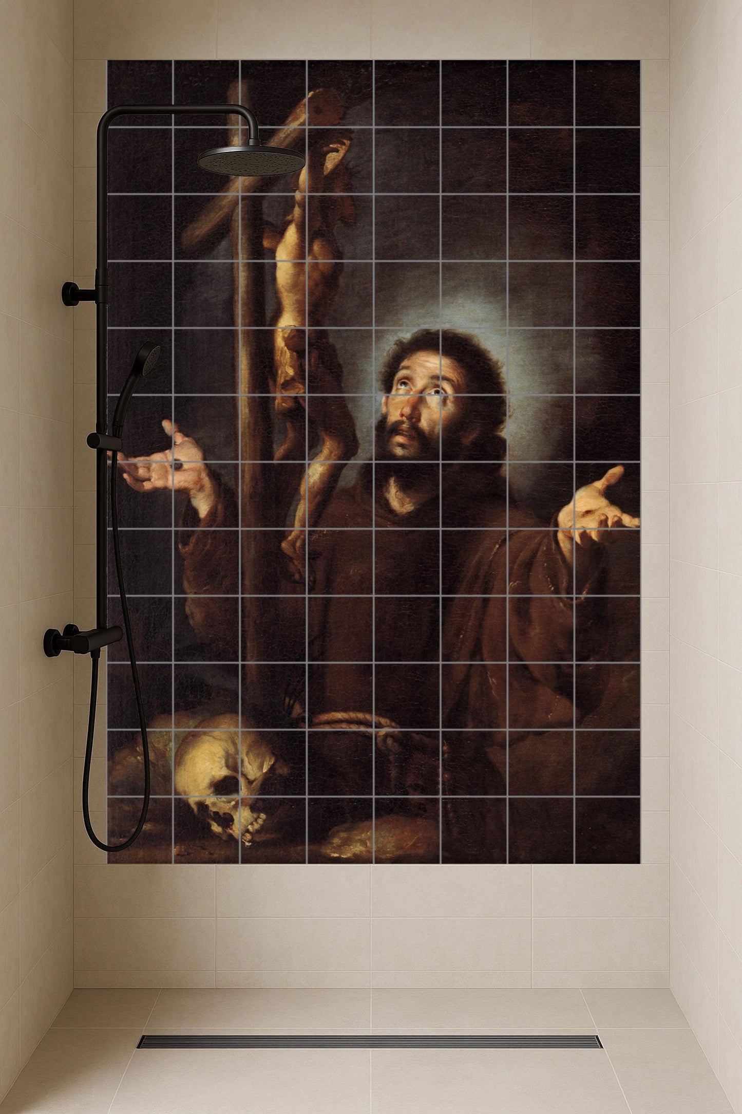 Saint Francis of Assisi – Catholic ceramic mural of the saint in prayer before the cross / Classic religious mural art of faith and humility