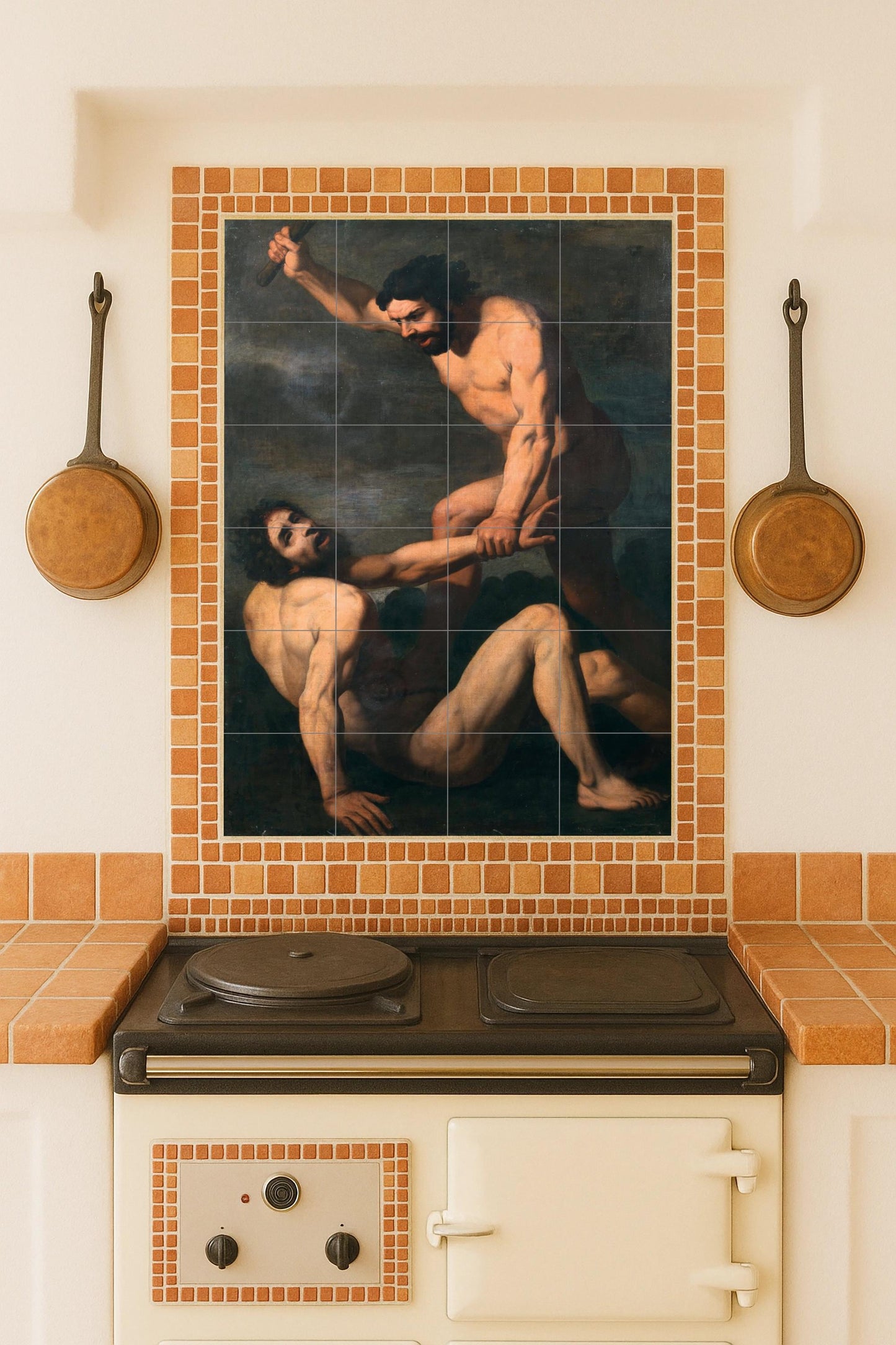 Cain and Abel: Biblical ceramic mural depicting the first fratricide / Dramatic religious mural about sin, envy, and divine justice