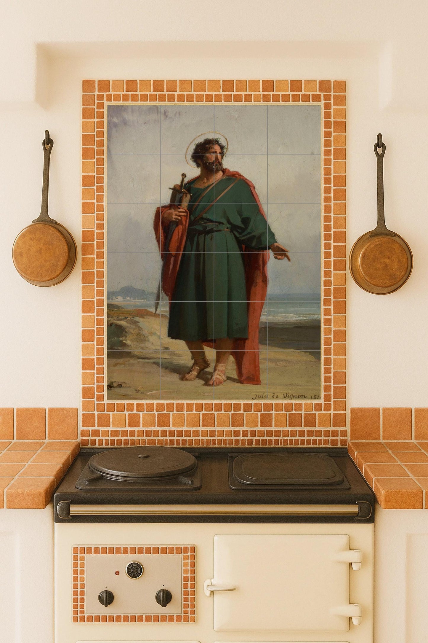 Saint Paul the Apostle – Religious ceramic mural with sword and red cloak / Classic Christian mural art inspired by sacred painting