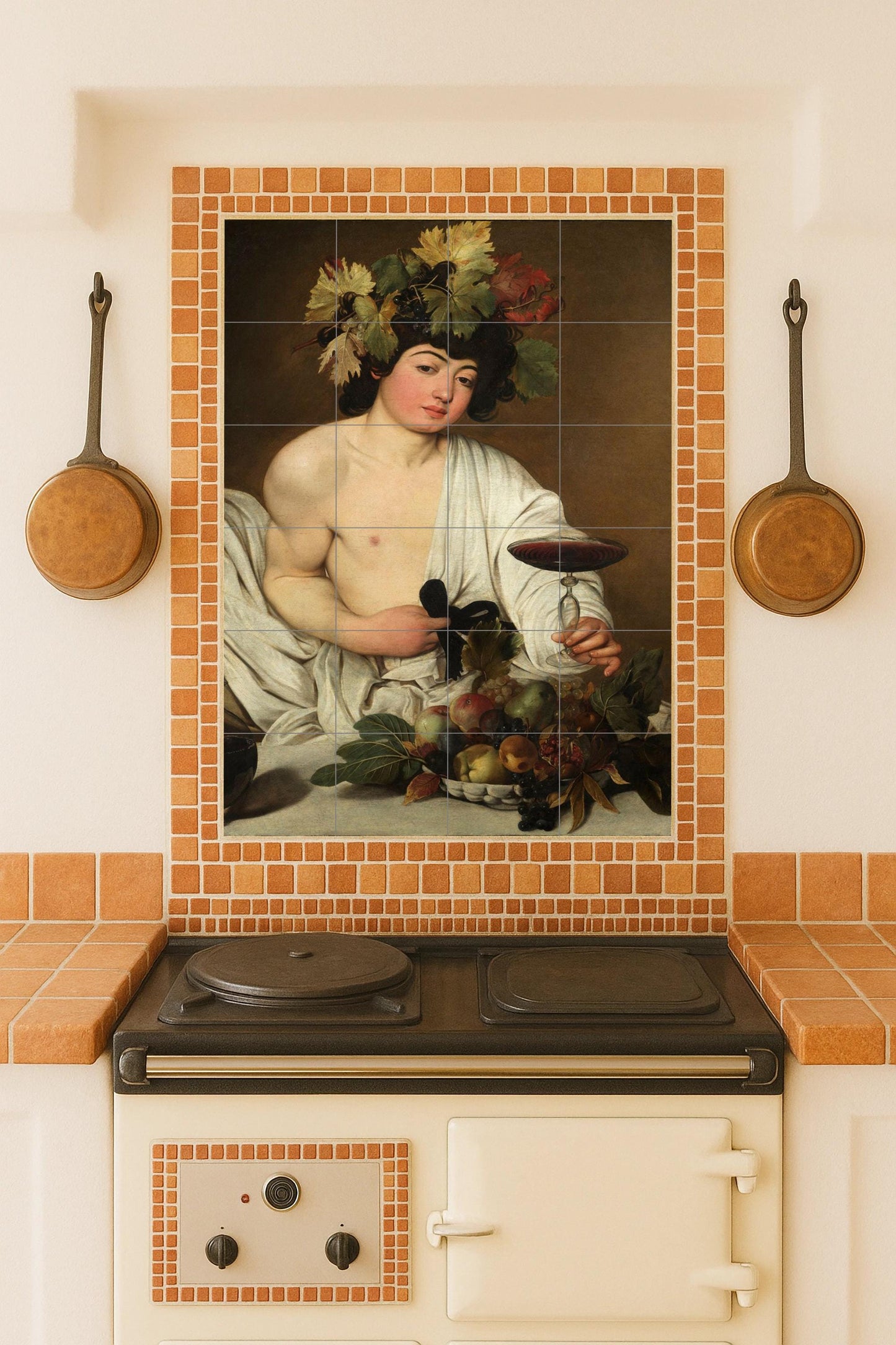 Caravaggio's Bacchus: Classical Renaissance mural on ceramic tiles with a rich composition of fruits and wines.