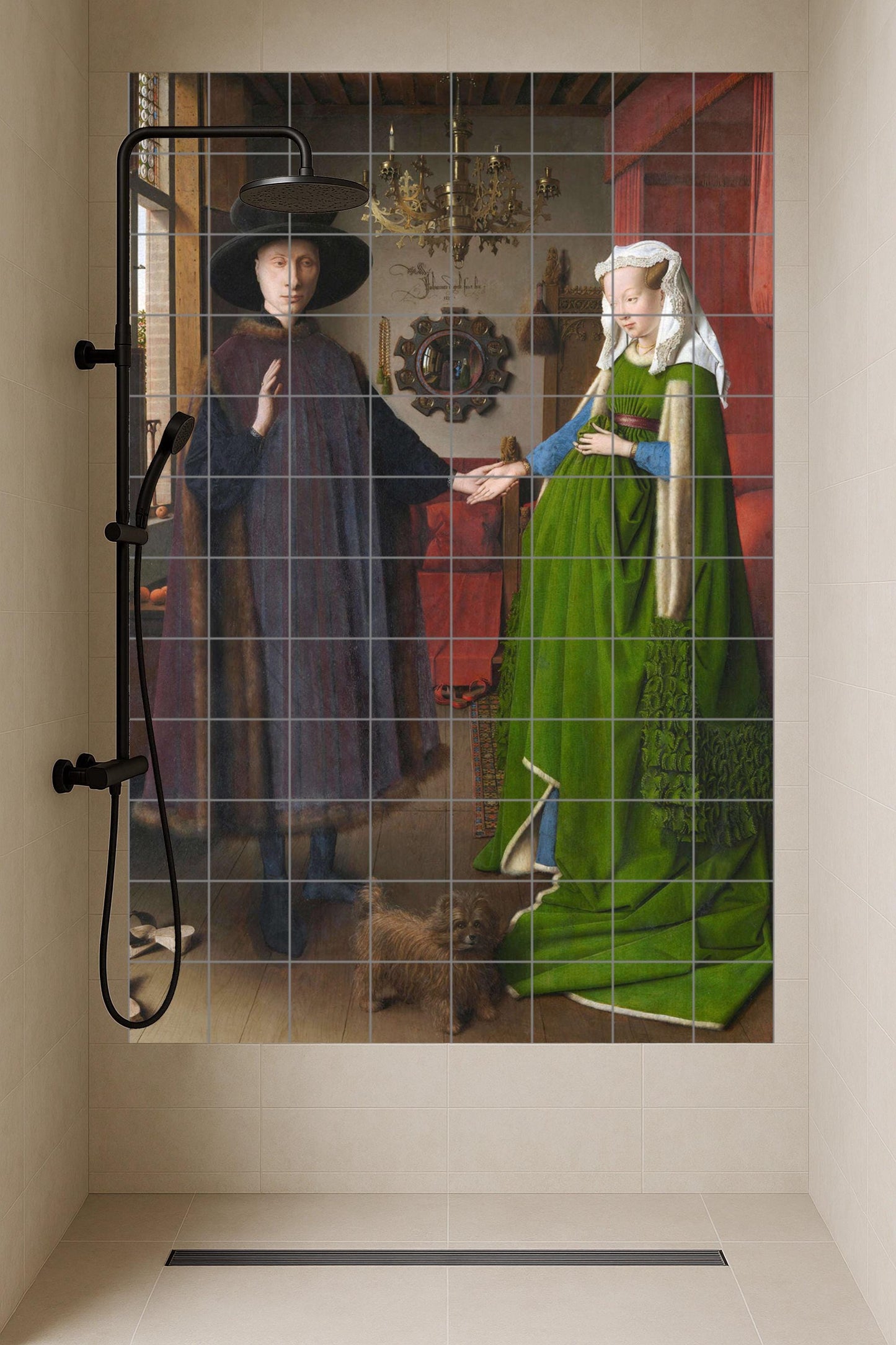 The Arnolfini Portrait by Jan van Eyck: a Renaissance ceramic mural depicting a symbolic marriage scene in exquisite detail.
