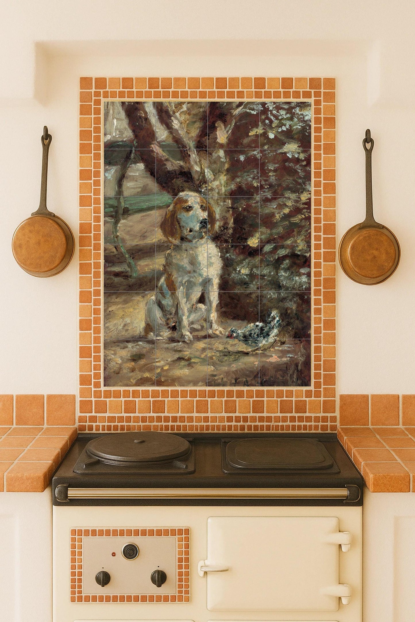Dog and bird: ceramic mural depicting a peaceful outdoor scene in Impressionist style