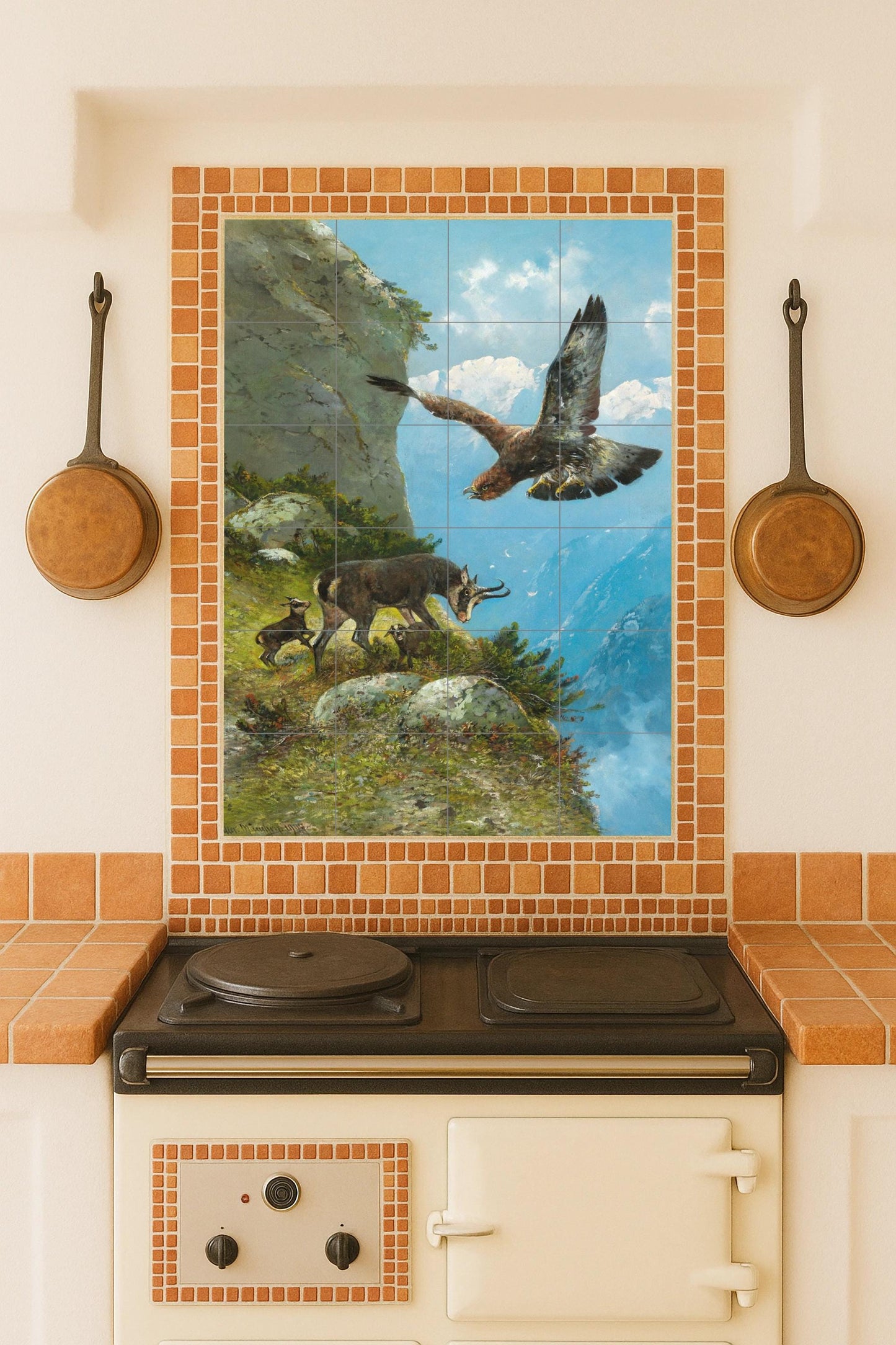 Eagle and chamois: ceramic mural depicting a spectacular alpine wildlife scene