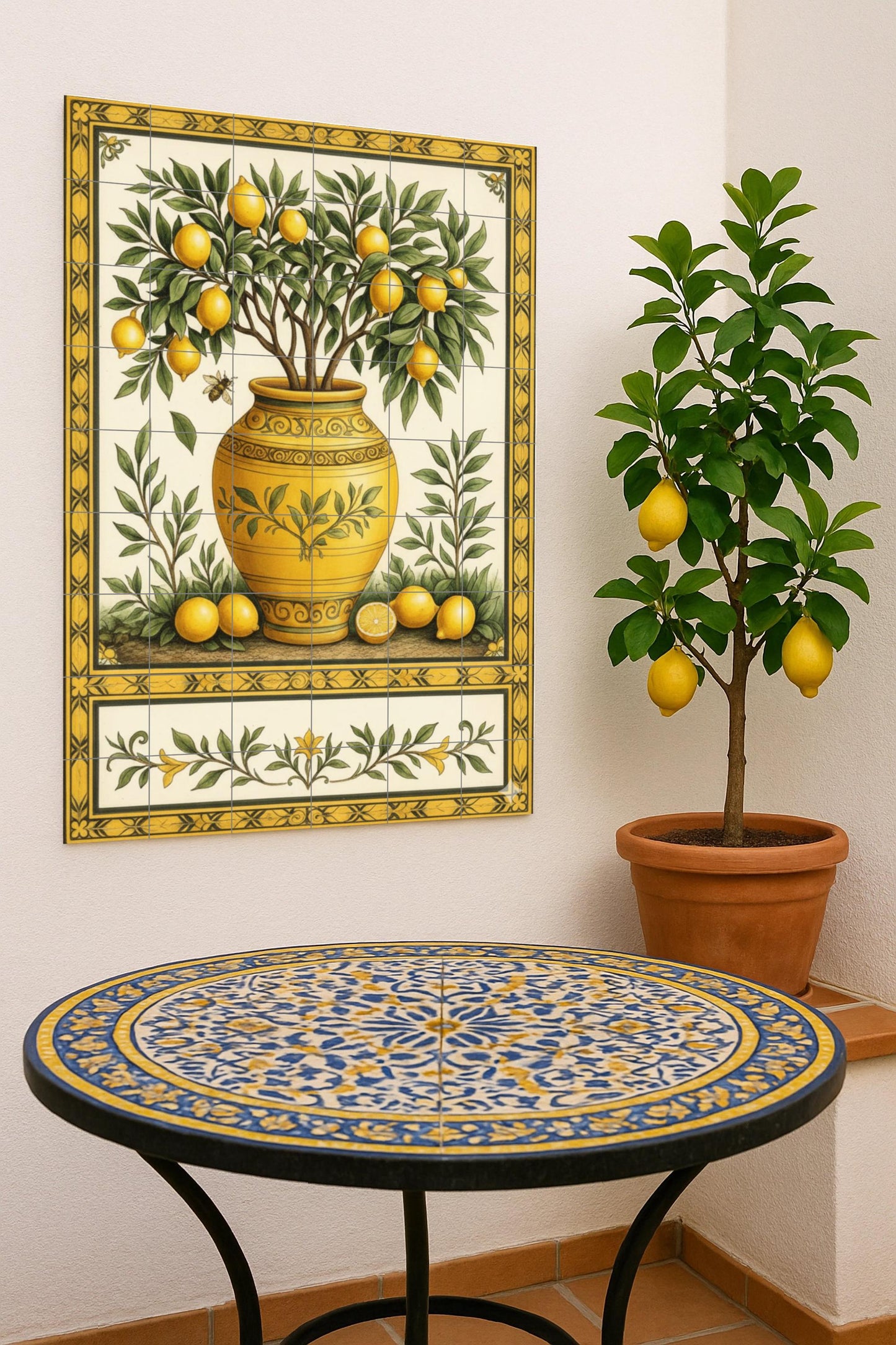 Lemon tree in ornamental vase: Mediterranean ceramic mural with golden details and botanical elegance