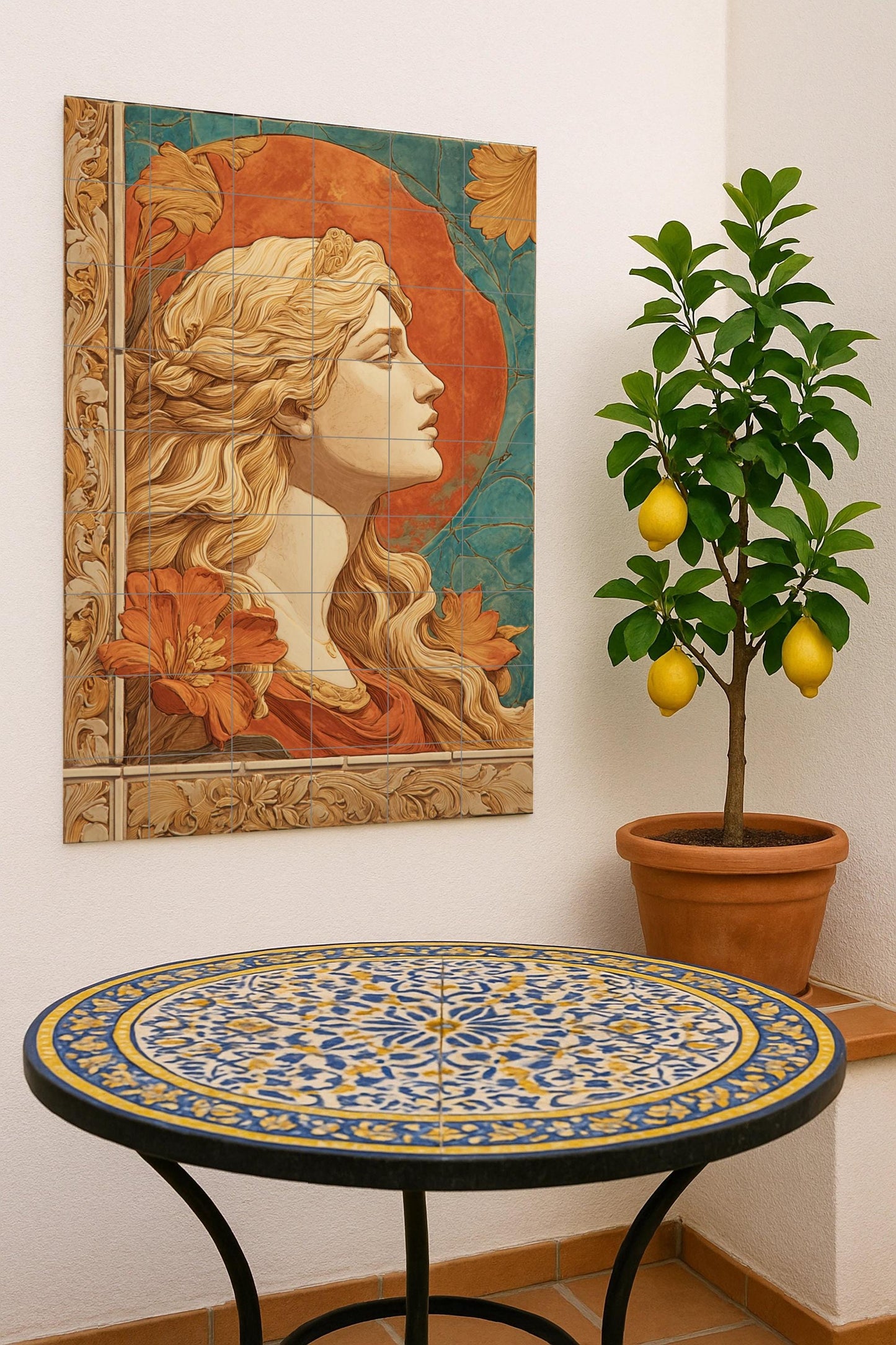 Aurelia ceramic mural – European Beauty, Art Nouveau portrait in terracotta and teal, symbolist artwork with gold ornament.