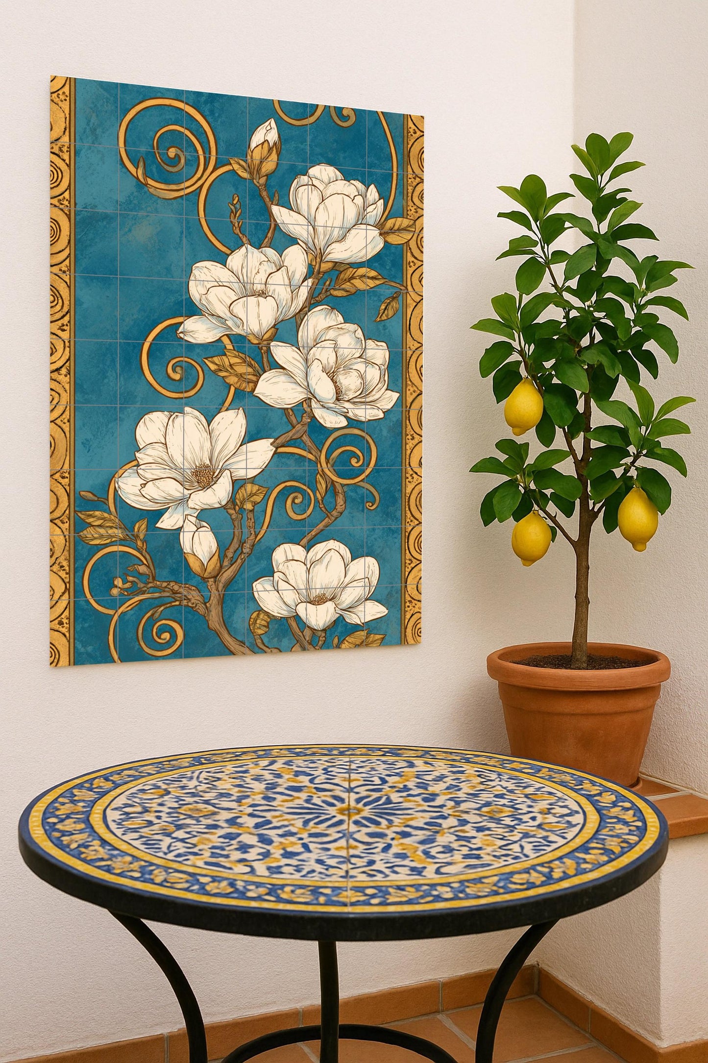 Reverence to the Magnolia: Art Nouveau ceramic mural in cobalt and gold, ornamental botanical composition with flowering lines.