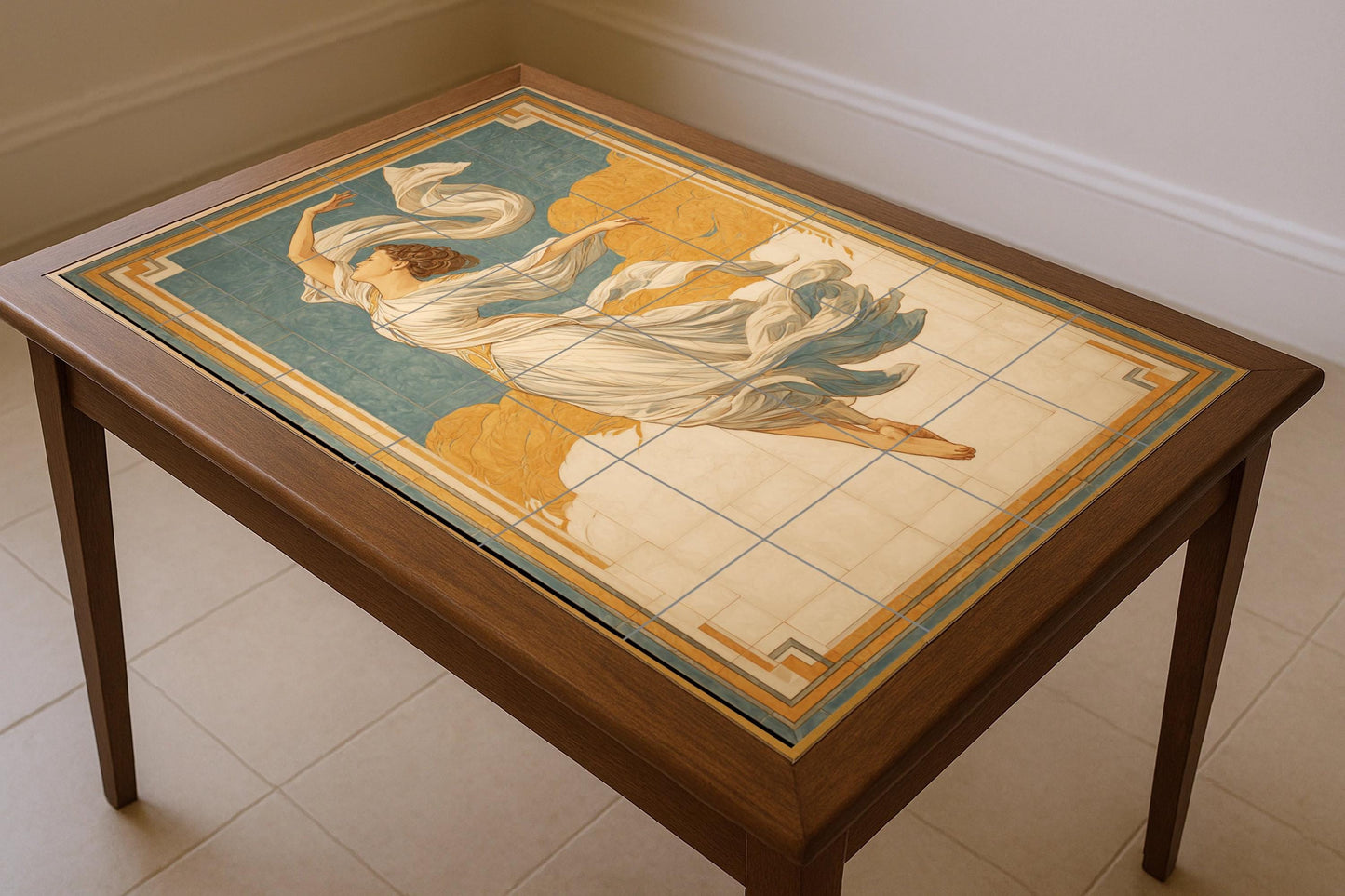 Celestial Grace – Neoclassical ceramic mural of a clothed muse, mural composition of mythical tiles with ethereal movement and timeless ornament.