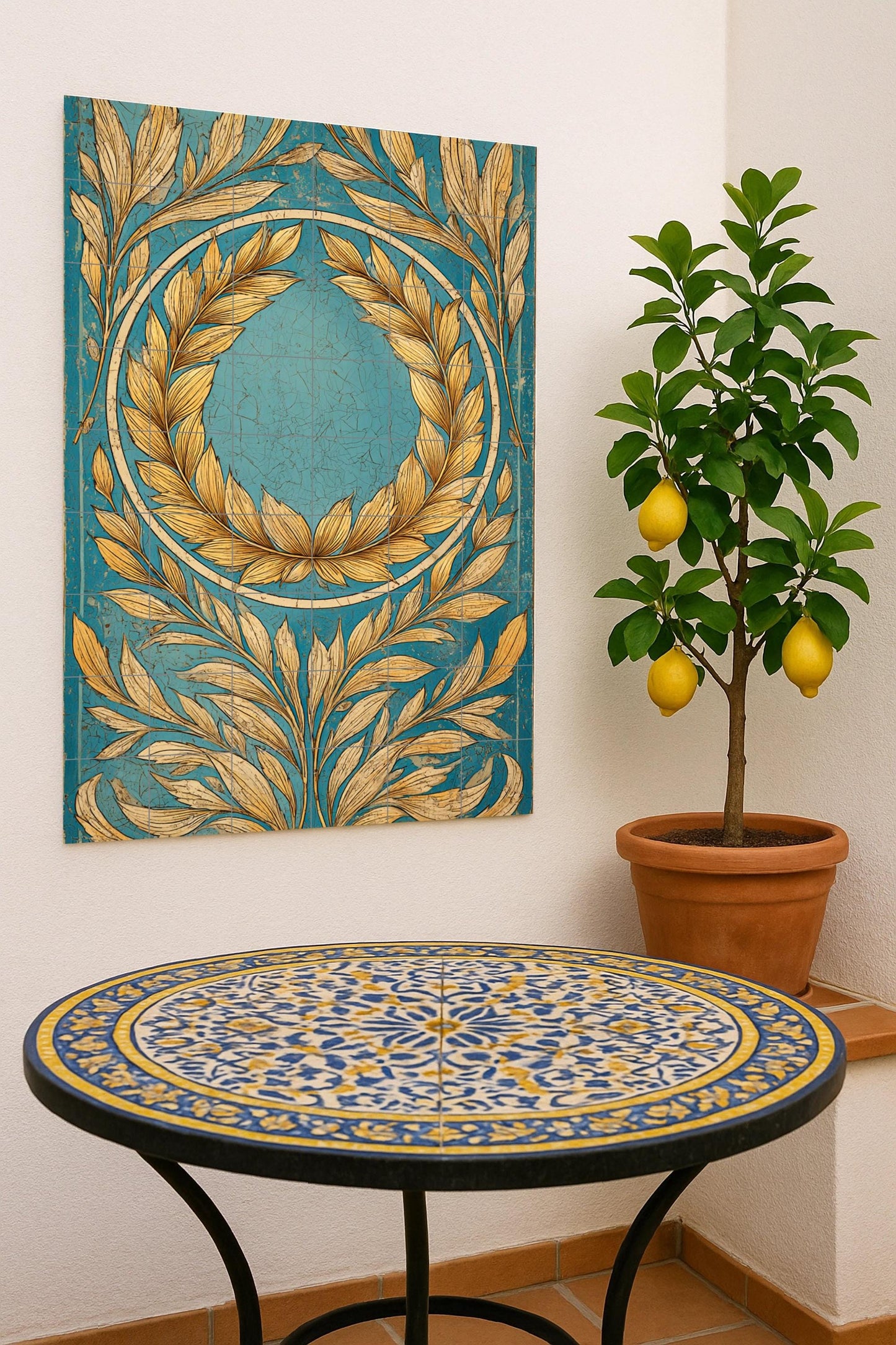 Golden Laurel Harmony: Turquoise ceramic wall art, classic botanical mural, handcrafted tile composition, Mediterranean ornament