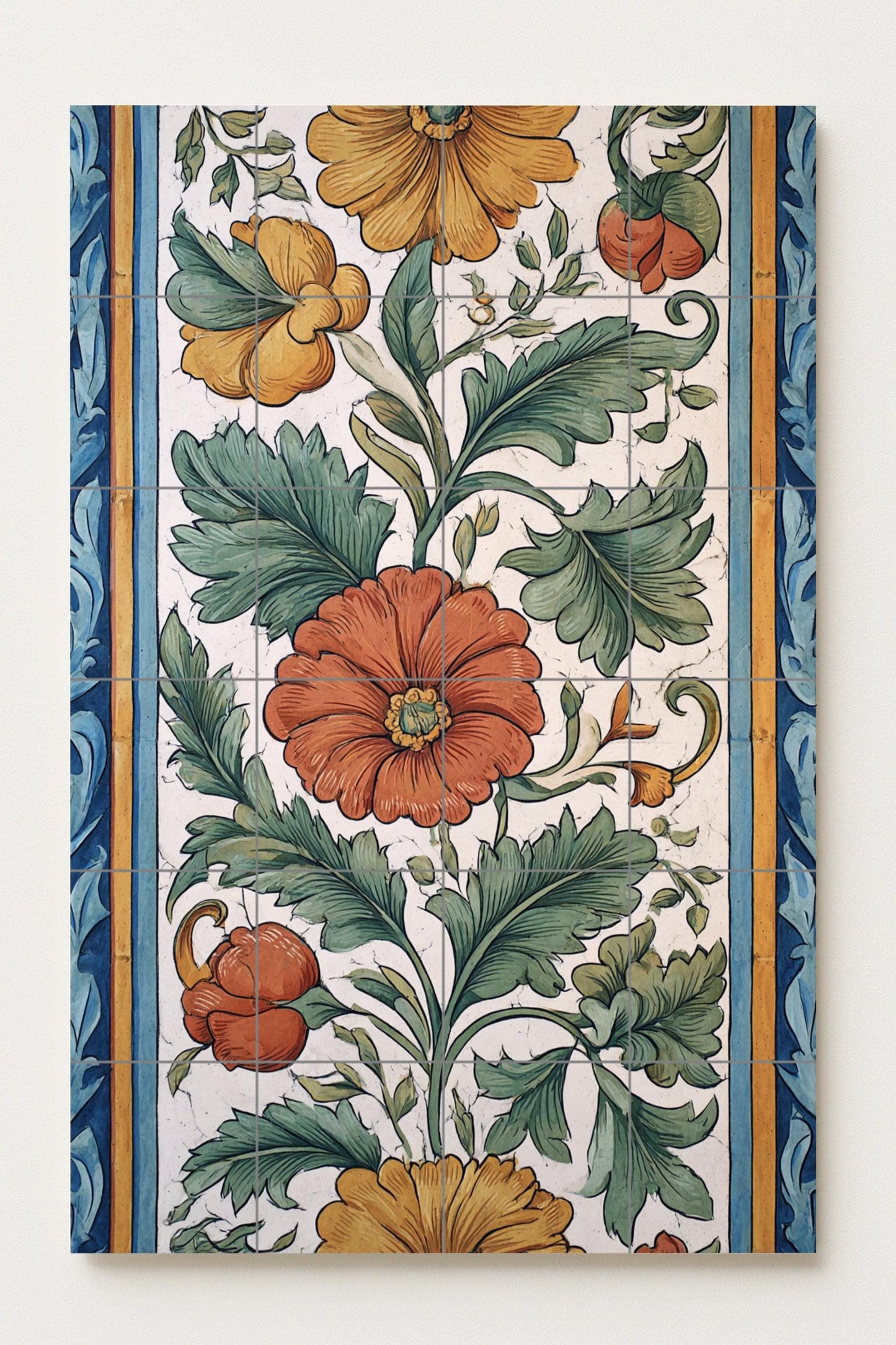 Valencia Bloom: lush ceramic mural with green foliage, golden flowers and handcrafted botanical harmony.