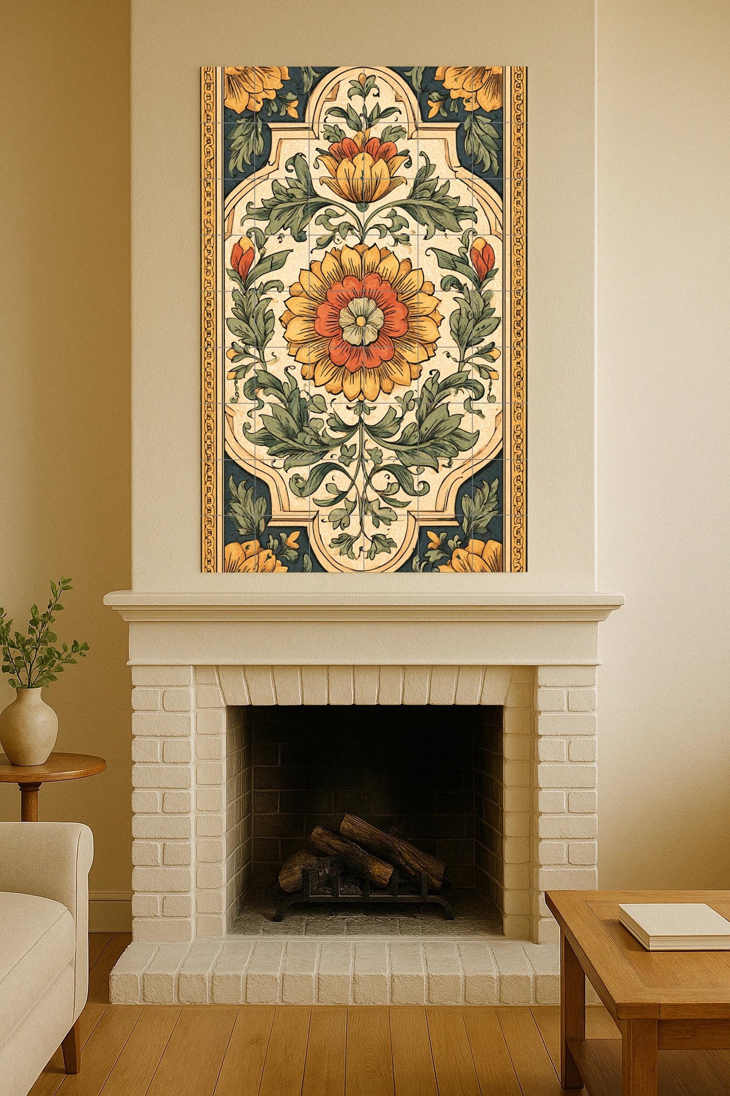 Florence ceramic mural: Renaissance floral design, ornamental botanical art, vintage Italian harmony, classic decorative wall piece.