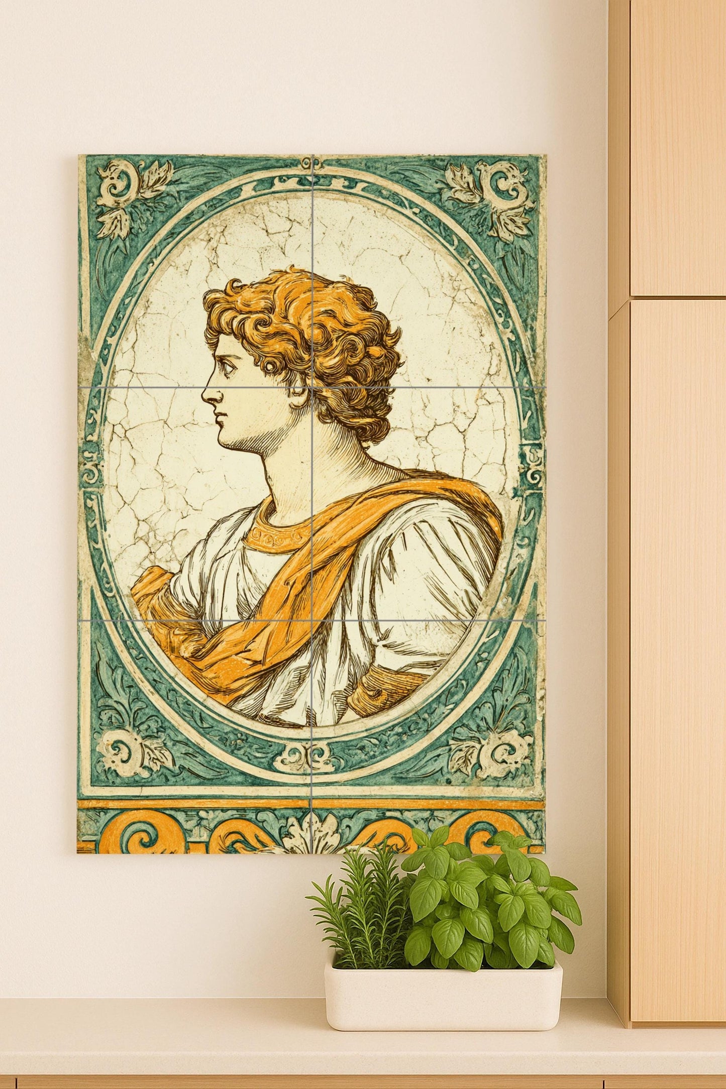 Ceramic mural of a Roman portrait: classical bust design, neo-renaissance art, ancient profile composition, historical wall decorative piece.