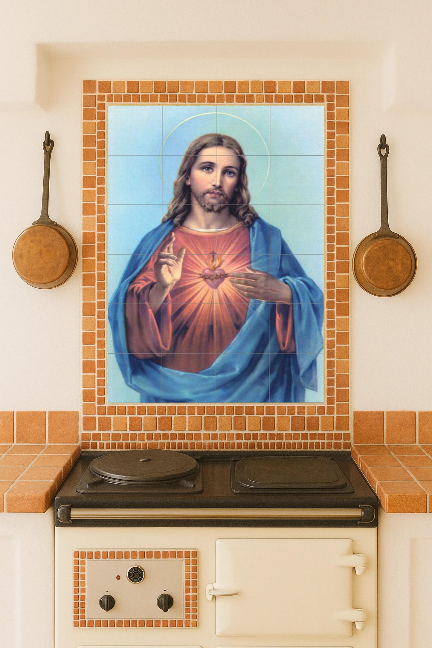Ceramic mural of the Sacred Heart of Christ: luminous devotional art in classic blue and red tones, a spiritual and serene wall piece, a sacred representation.