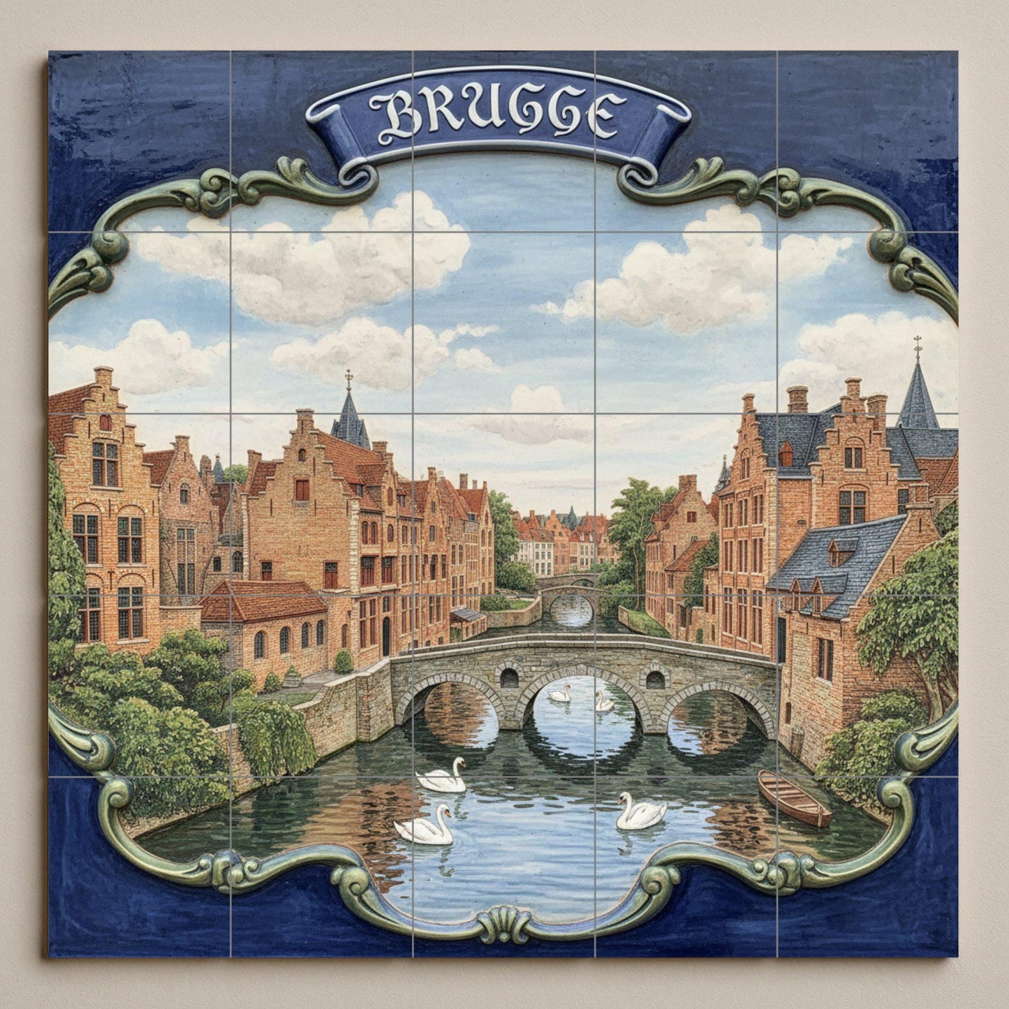 Bruges Canal Ceramic Wall Mural: European cityscape tile art, Flemish architecture with swans, ideal for kitchen wall or living room decoration.