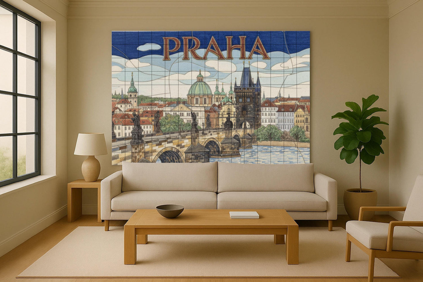 Prague – Ceramic mural of the Charles Bridge / Mural art of the city of Prague featuring the towers of the Old Town and the Vltava River