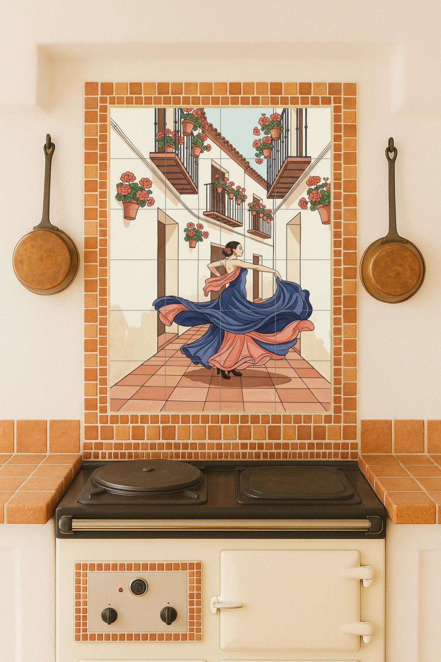 Flamenco in the Courtyard – Spanish Ceramic Mural with Flamenco Dancer and Balconies / Mediterranean Mural Art Inspired by Andalusian Culture