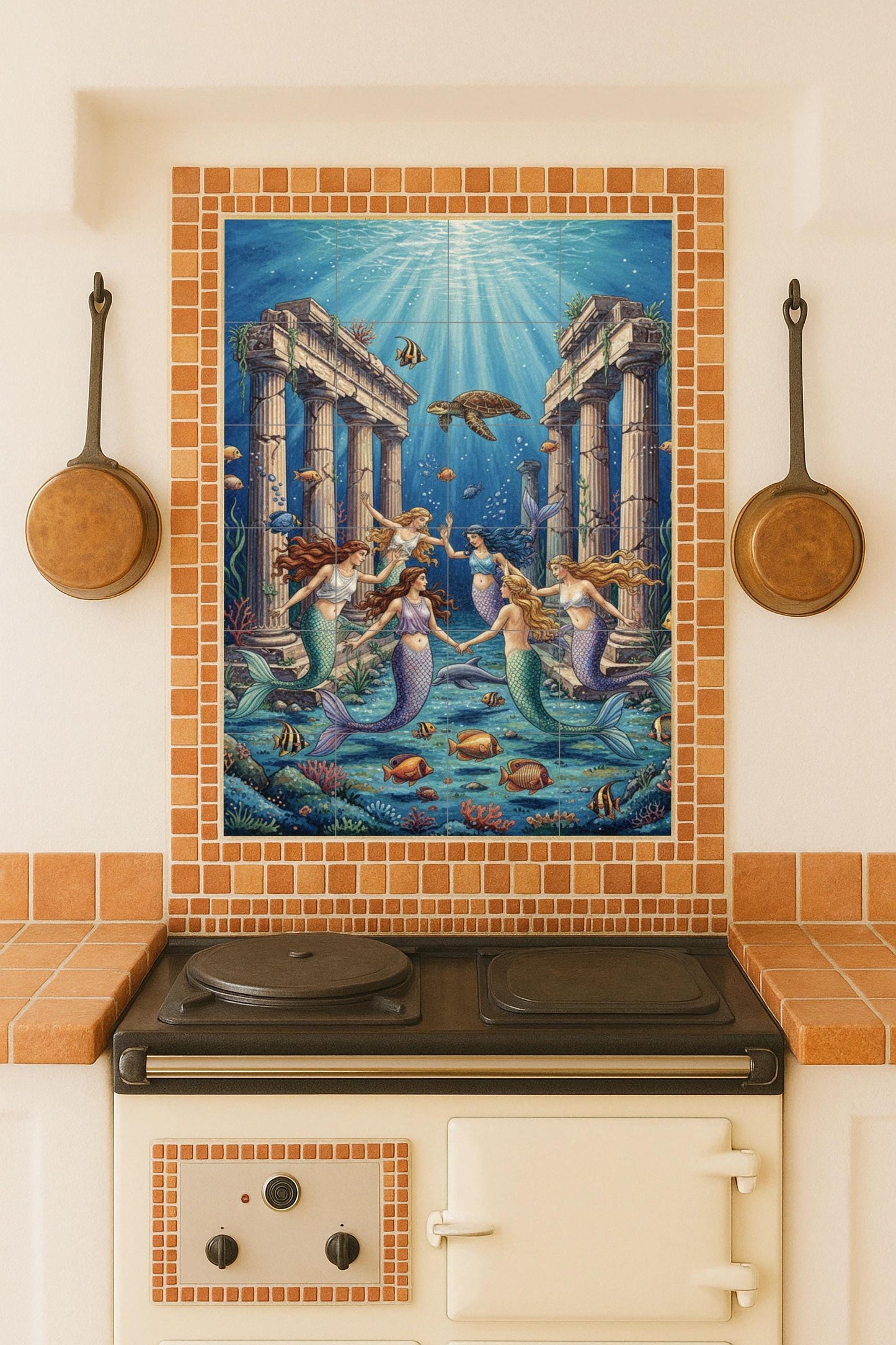 Dance of the Mermaids – Mythological ceramic mural with mermaids, dolphins and ancient ruins / Underwater artistic mural