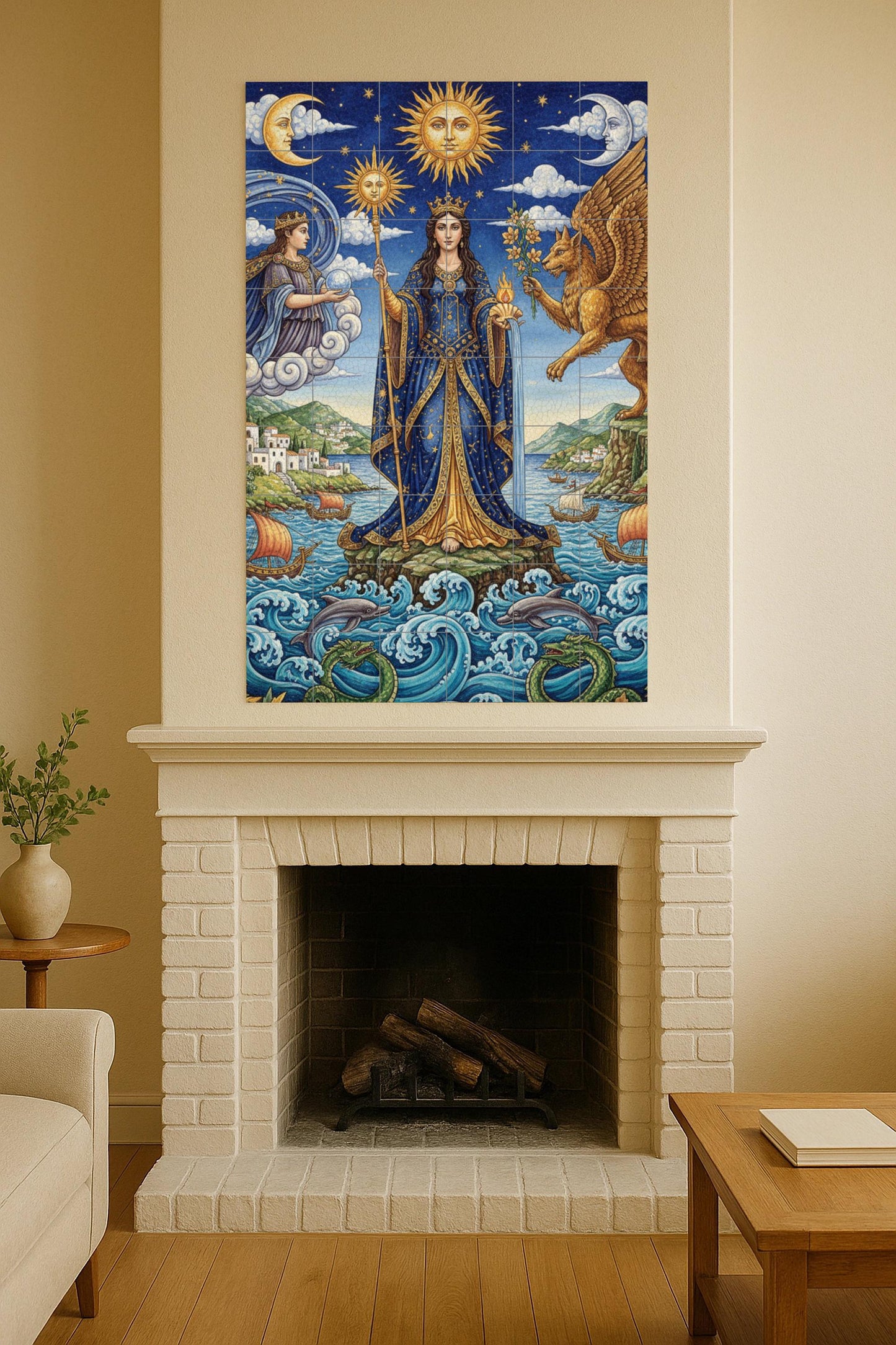 Queen of the Sun and the Sea – Mythological ceramic mural with goddess, griffin and celestial symbols / Mediterranean artistic mural art
