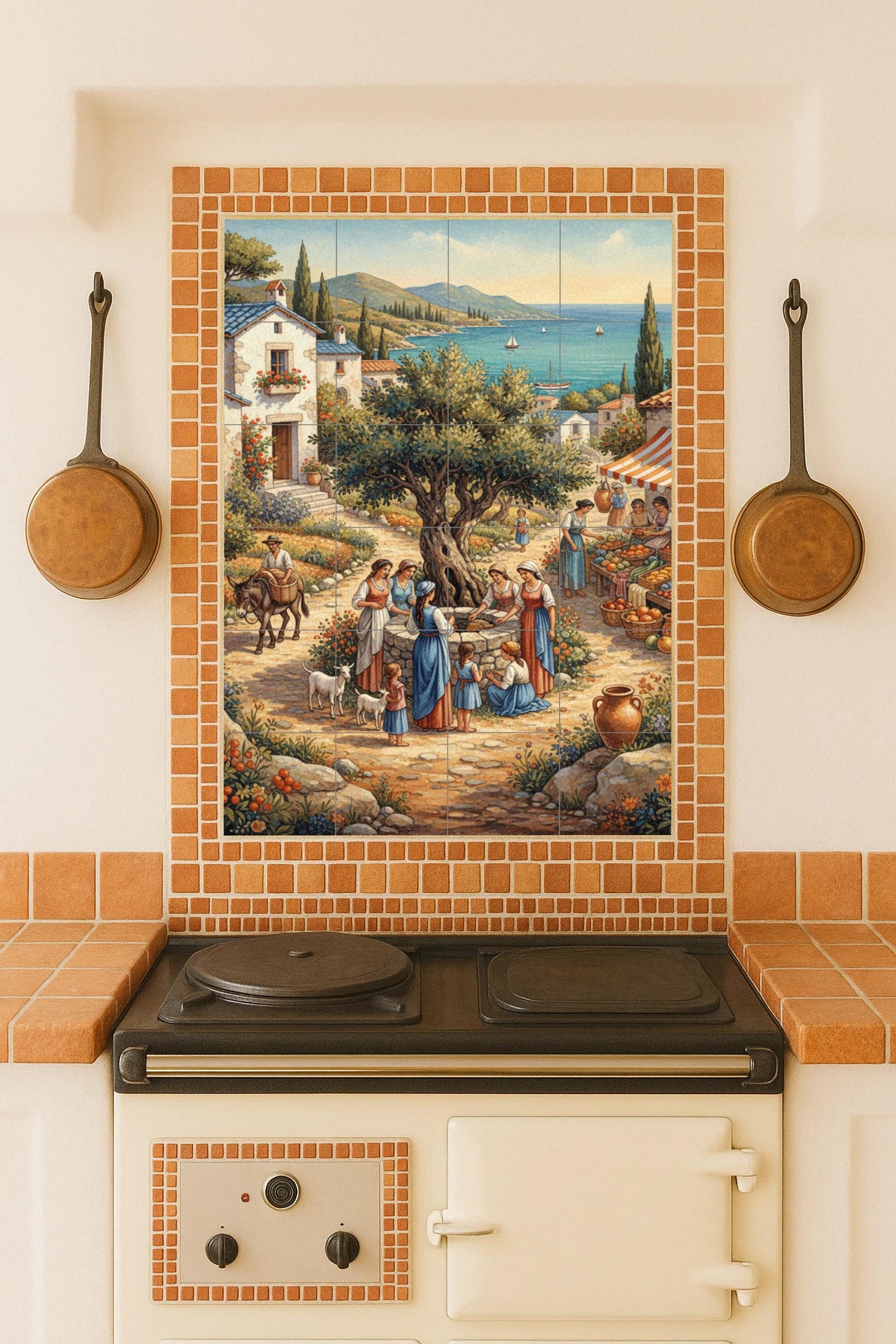 Mediterranean Village – Ceramic mural with olive tree, market scene and sea views / Rustic mural art inspired by coastal life