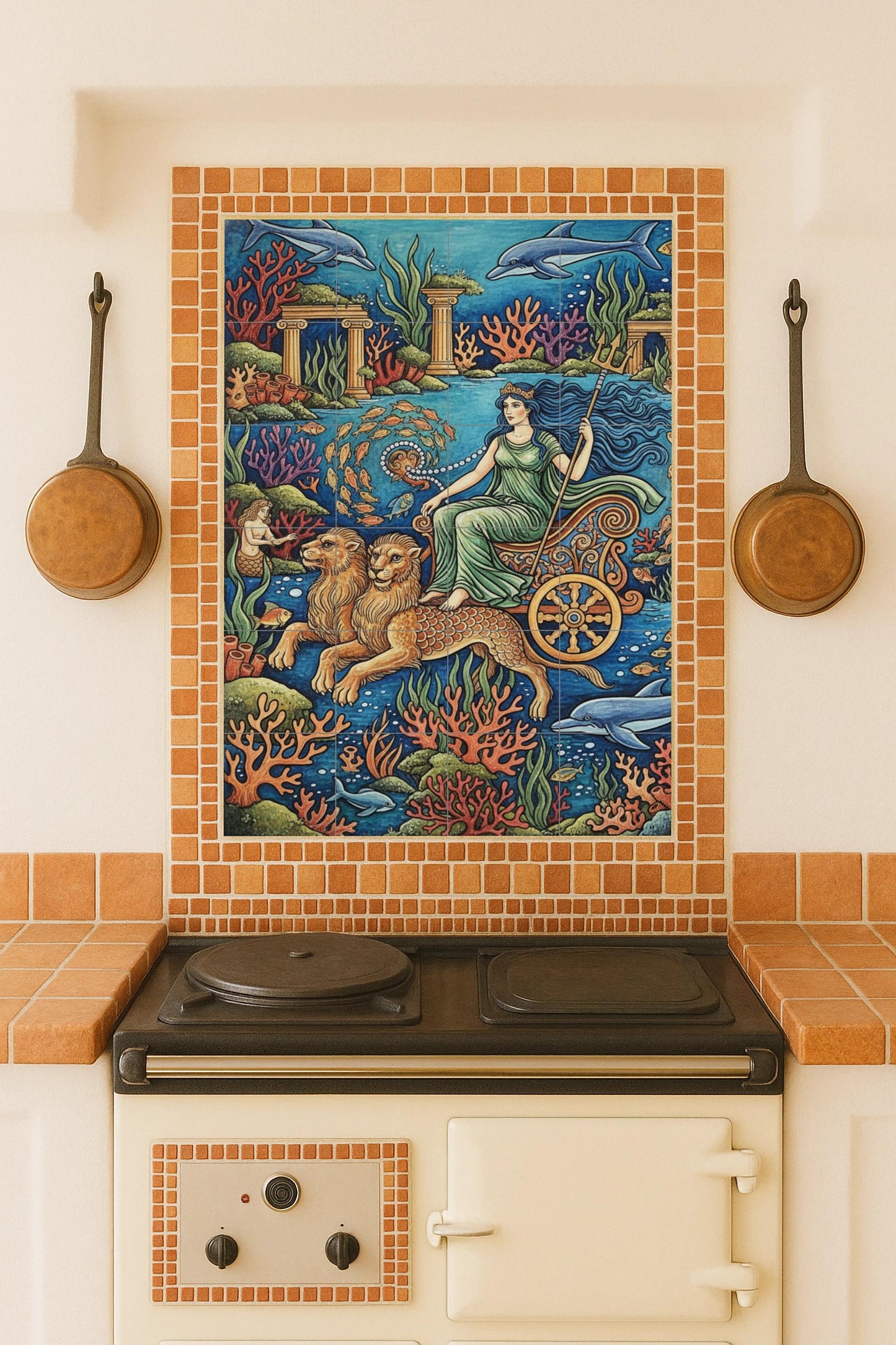 Ceramic mural of Amphitrite, goddess of the sea / Greek mythology tile panel / Mediterranean wall decoration handmade in Spain