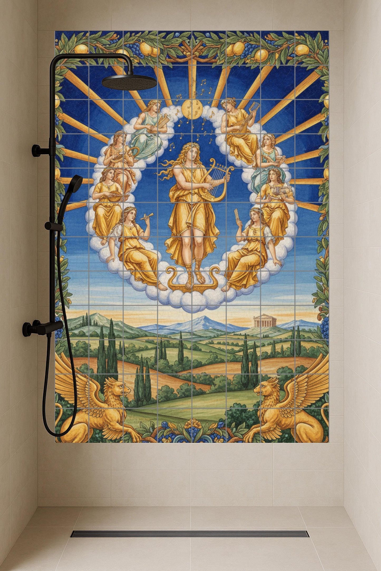 Ceramic mural "Apollo and the Muses" from Greek mythology / Classic tile panel / Mediterranean wall decoration. Handmade in Spain.
